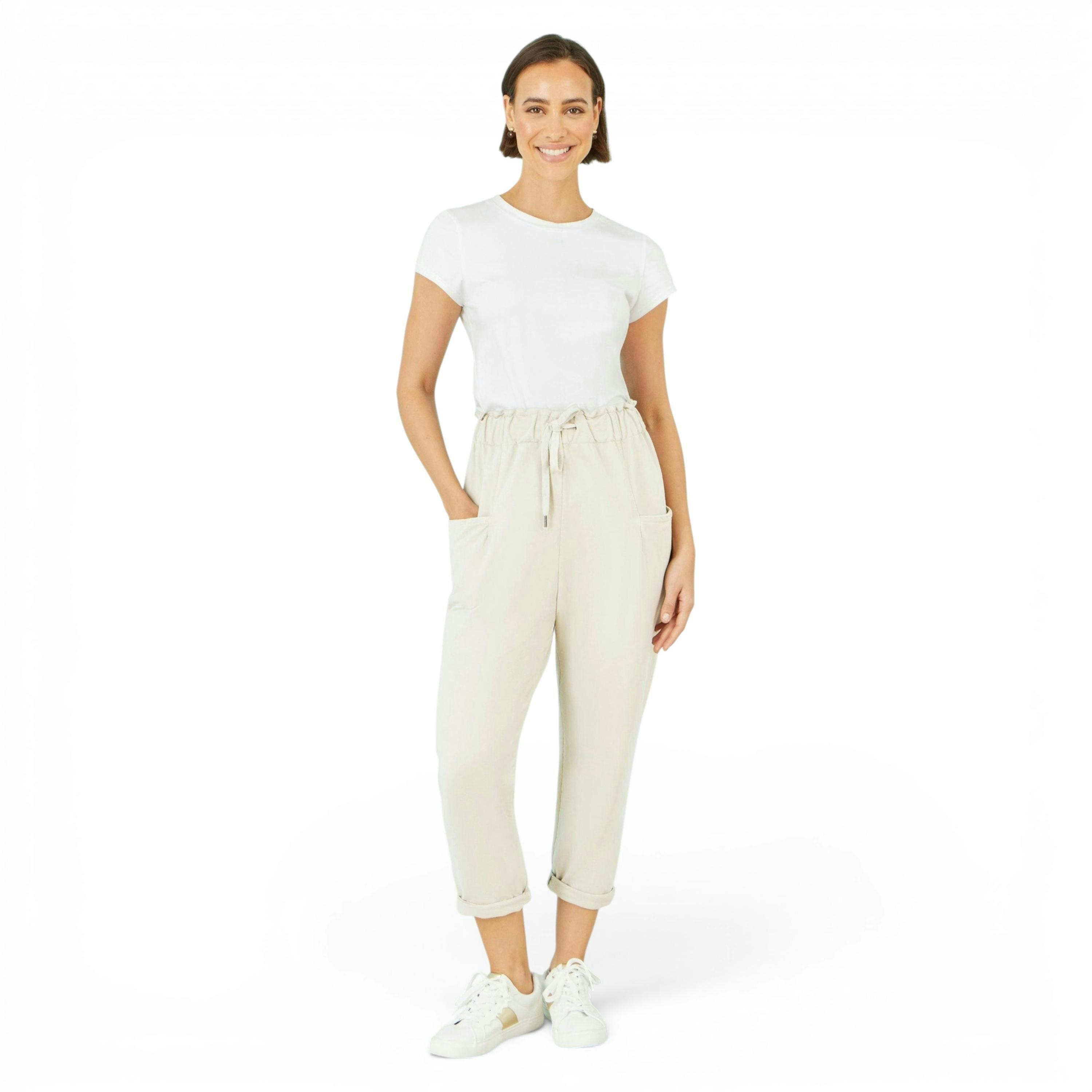 Yumi Cream Cotton Relaxed Stretch Trousers With Pockets , view 4 of 6