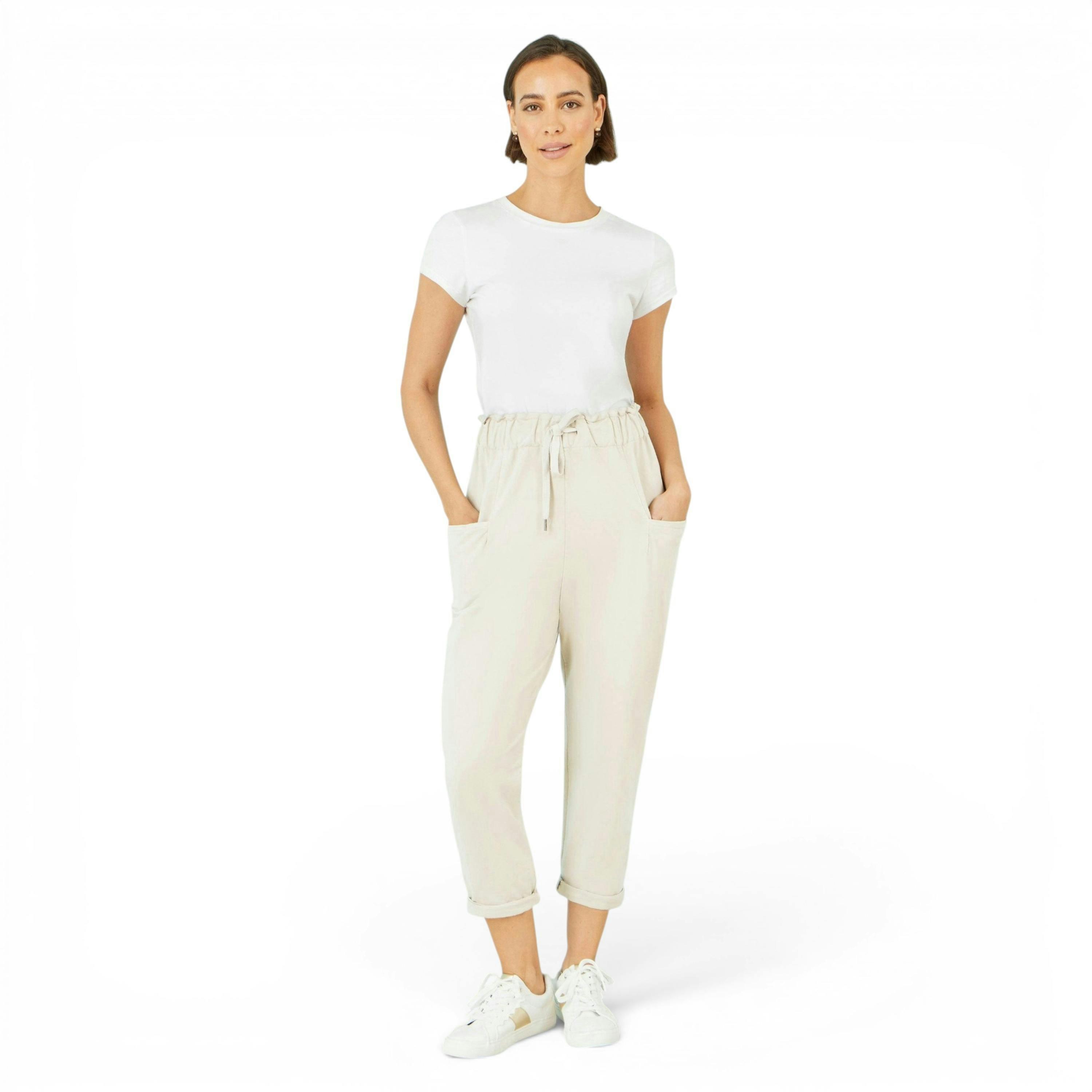 Yumi Cream Cotton Relaxed Stretch Trousers With Pockets , view 6 of 6