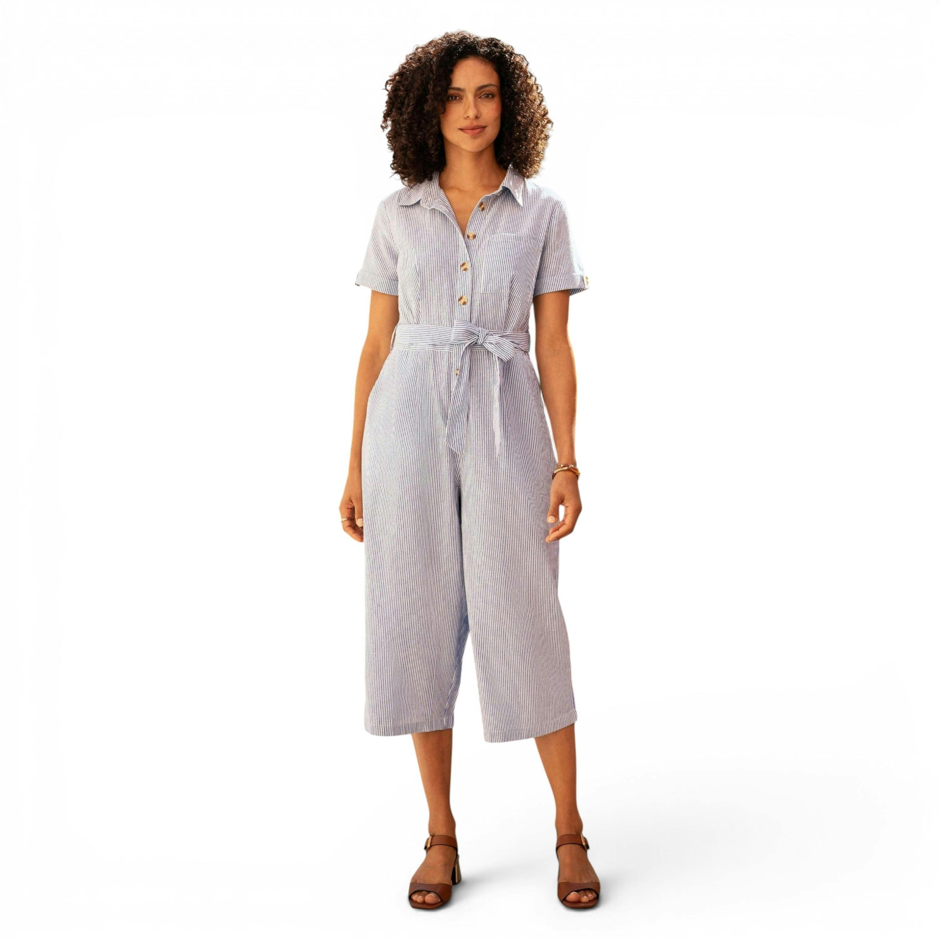Yumi Blue Pinstripe Cotton Jumpsuit , view 1 of 6