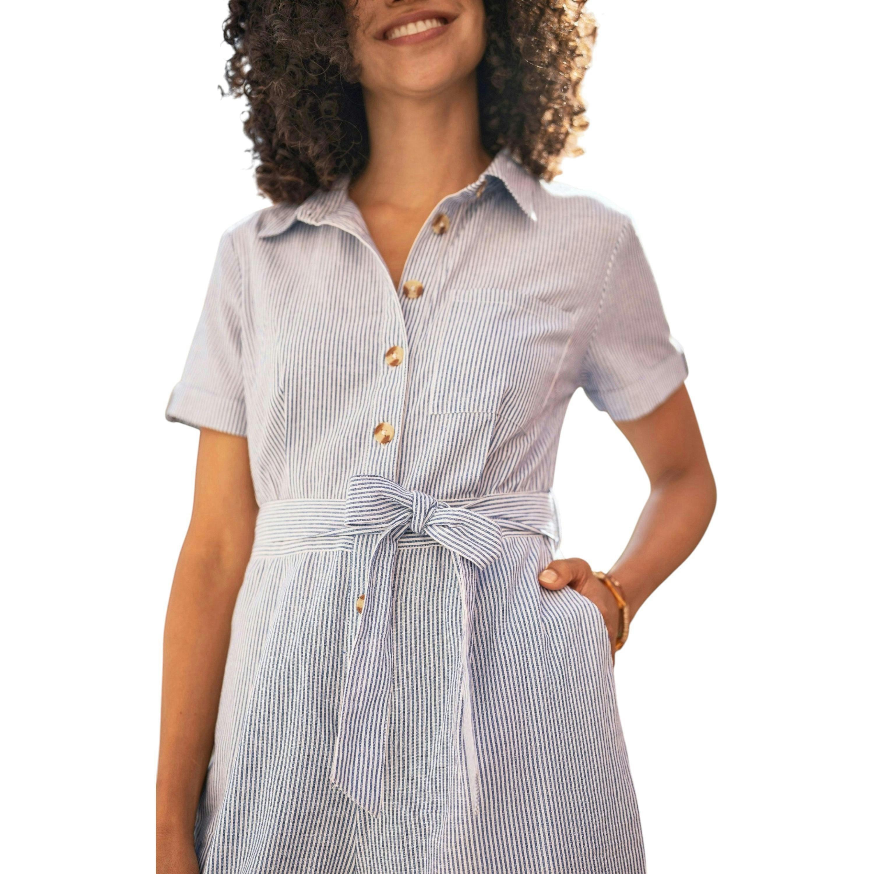 Yumi Blue Pinstripe Cotton Jumpsuit , view 2 of 6