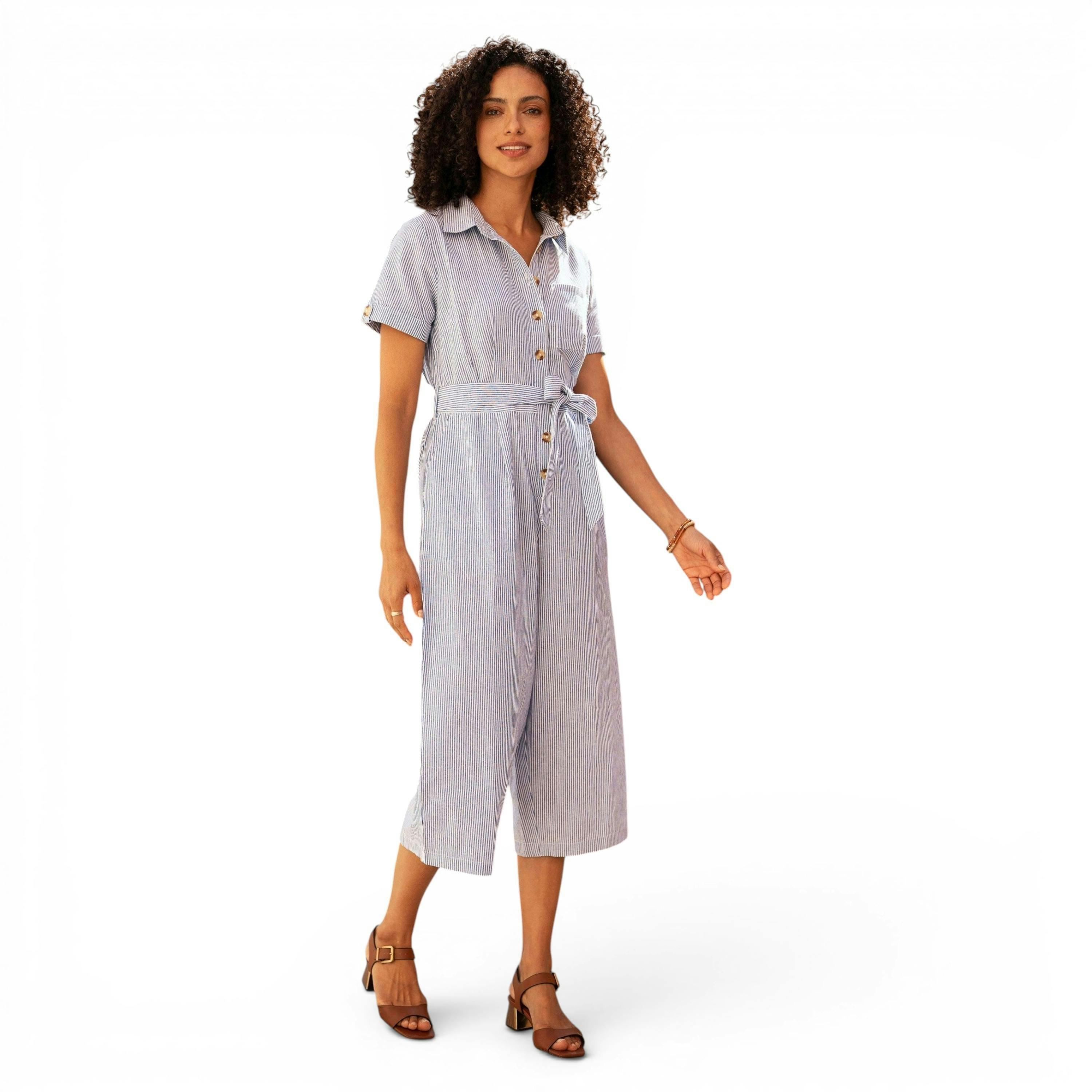 Yumi Blue Pinstripe Cotton Jumpsuit , view 3 of 6