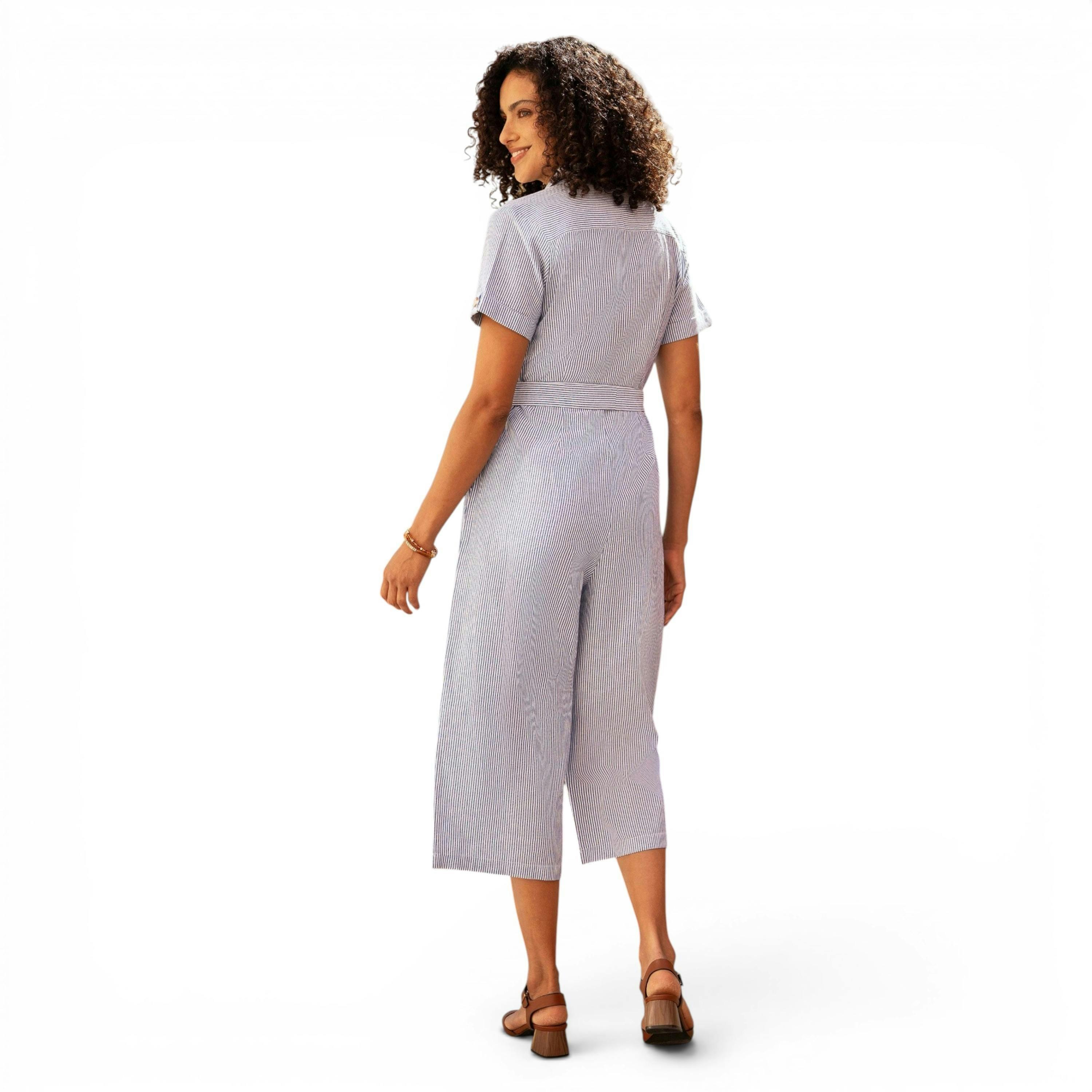 Yumi Blue Pinstripe Cotton Jumpsuit , view 4 of 6