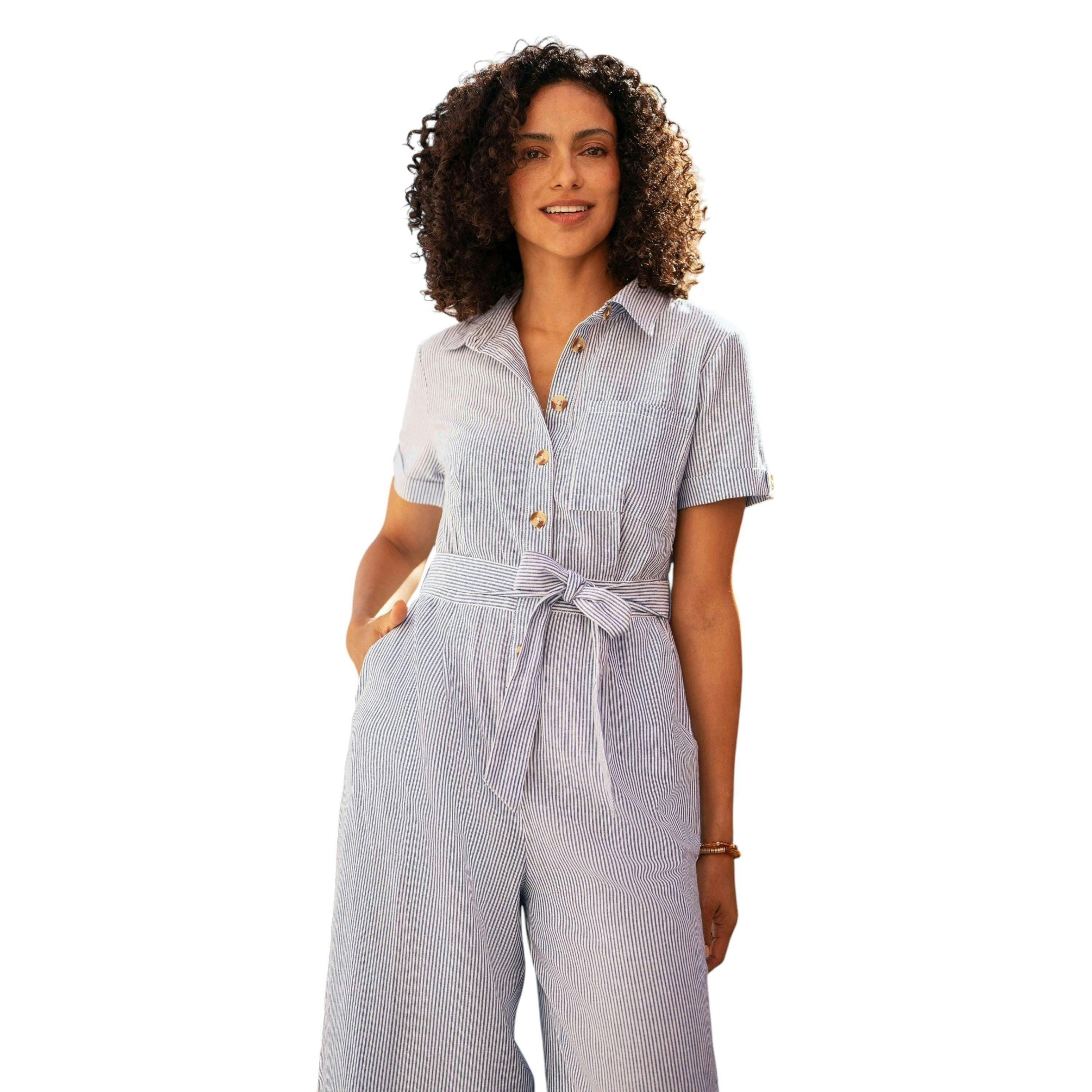 Yumi Blue Pinstripe Cotton Jumpsuit , view 5 of 6