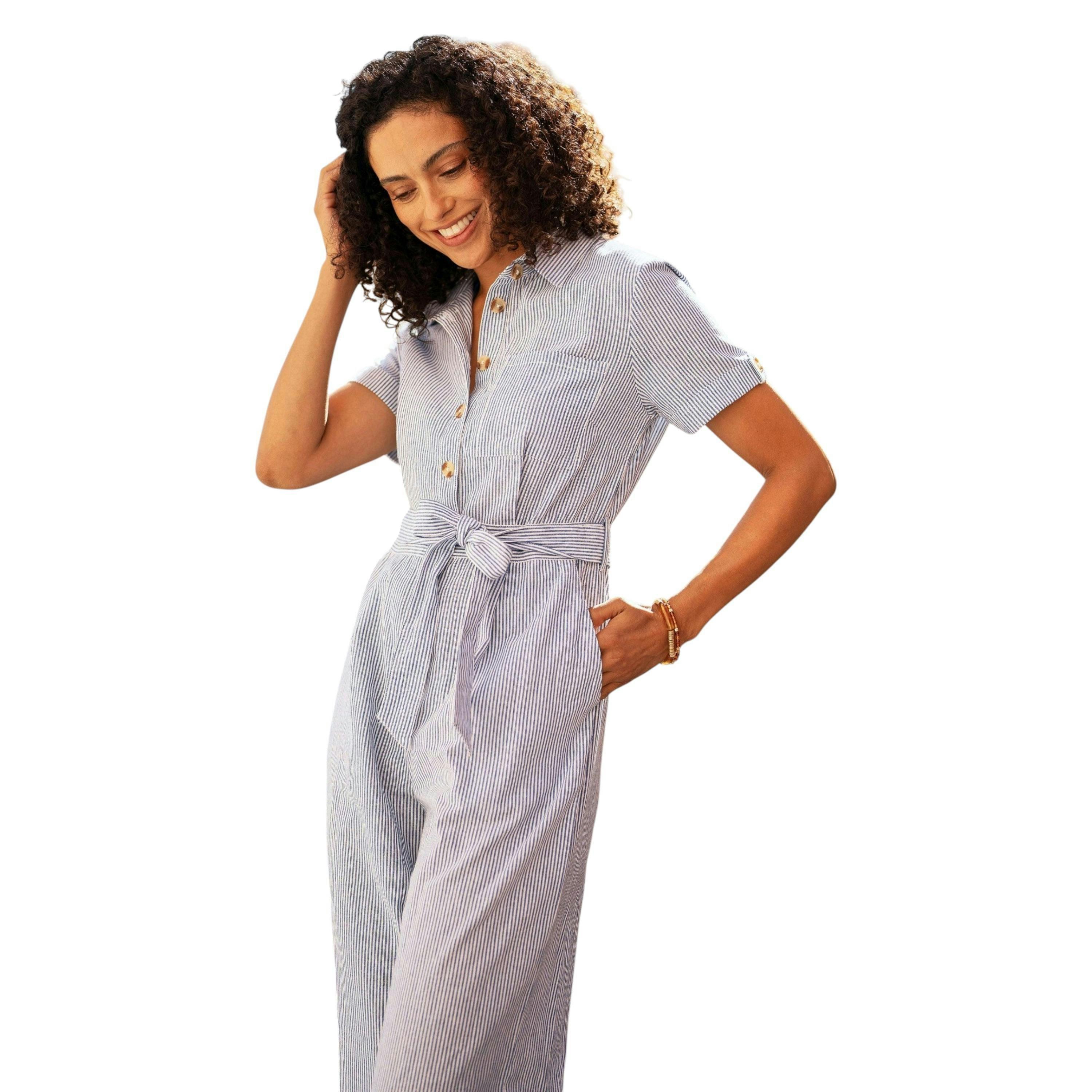 Yumi Blue Pinstripe Cotton Jumpsuit , view 6 of 6