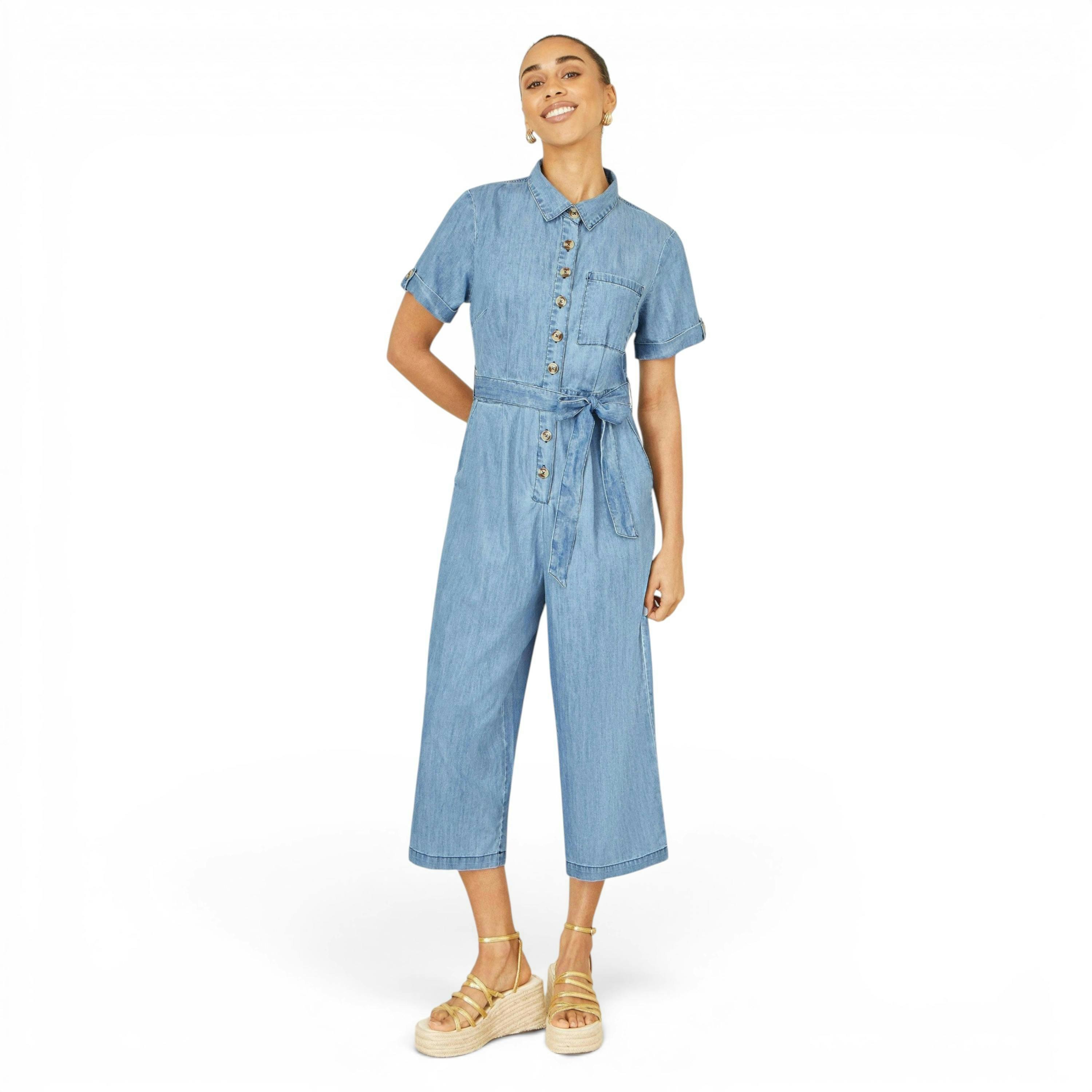 Yumi Blue Chambray Light Denim Button Jumpsuit , view 1 of 6