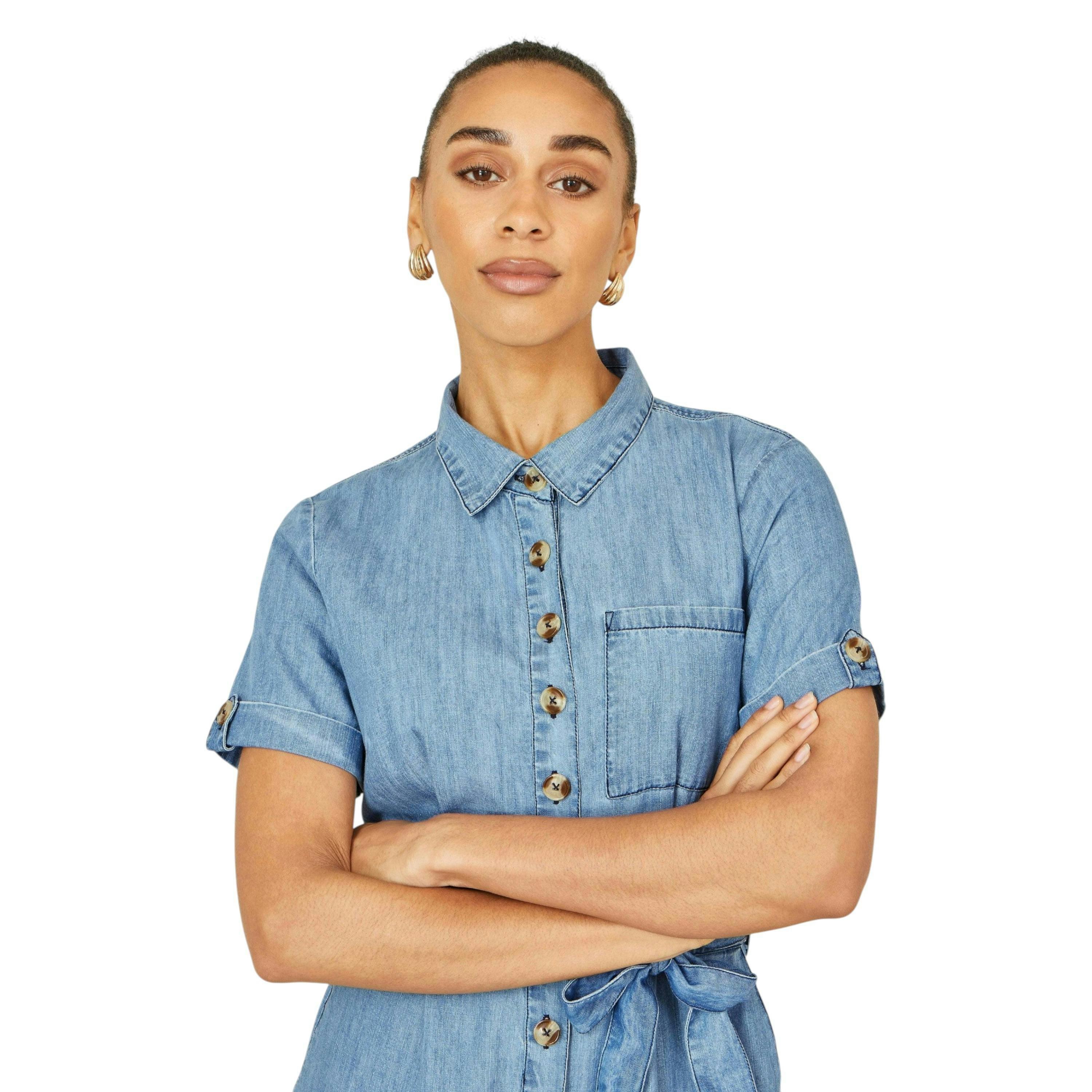 Yumi Blue Chambray Light Denim Button Jumpsuit , view 2 of 6