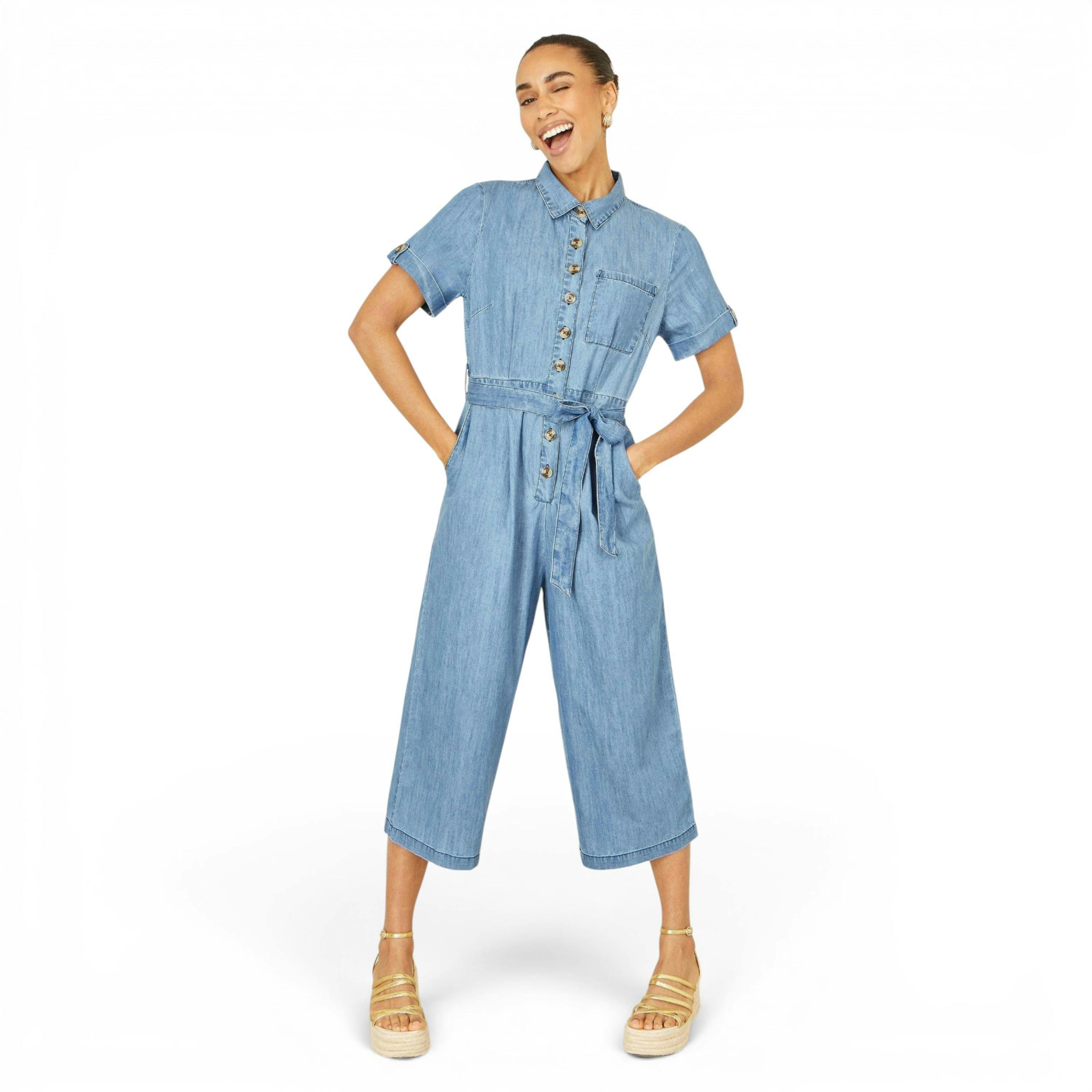 Yumi Blue Chambray Light Denim Button Jumpsuit , view 3 of 6