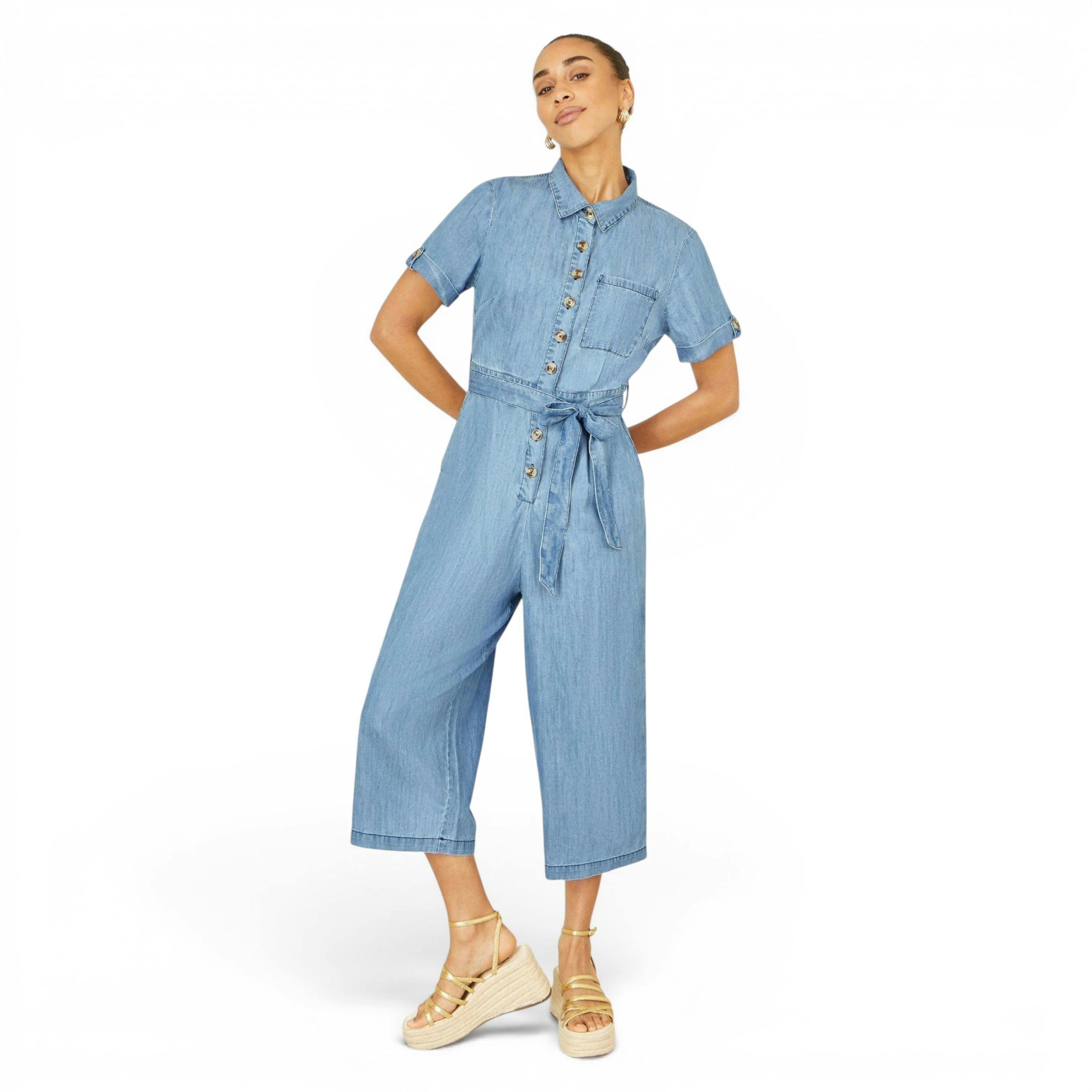 Yumi Blue Chambray Light Denim Button Jumpsuit , view 5 of 6