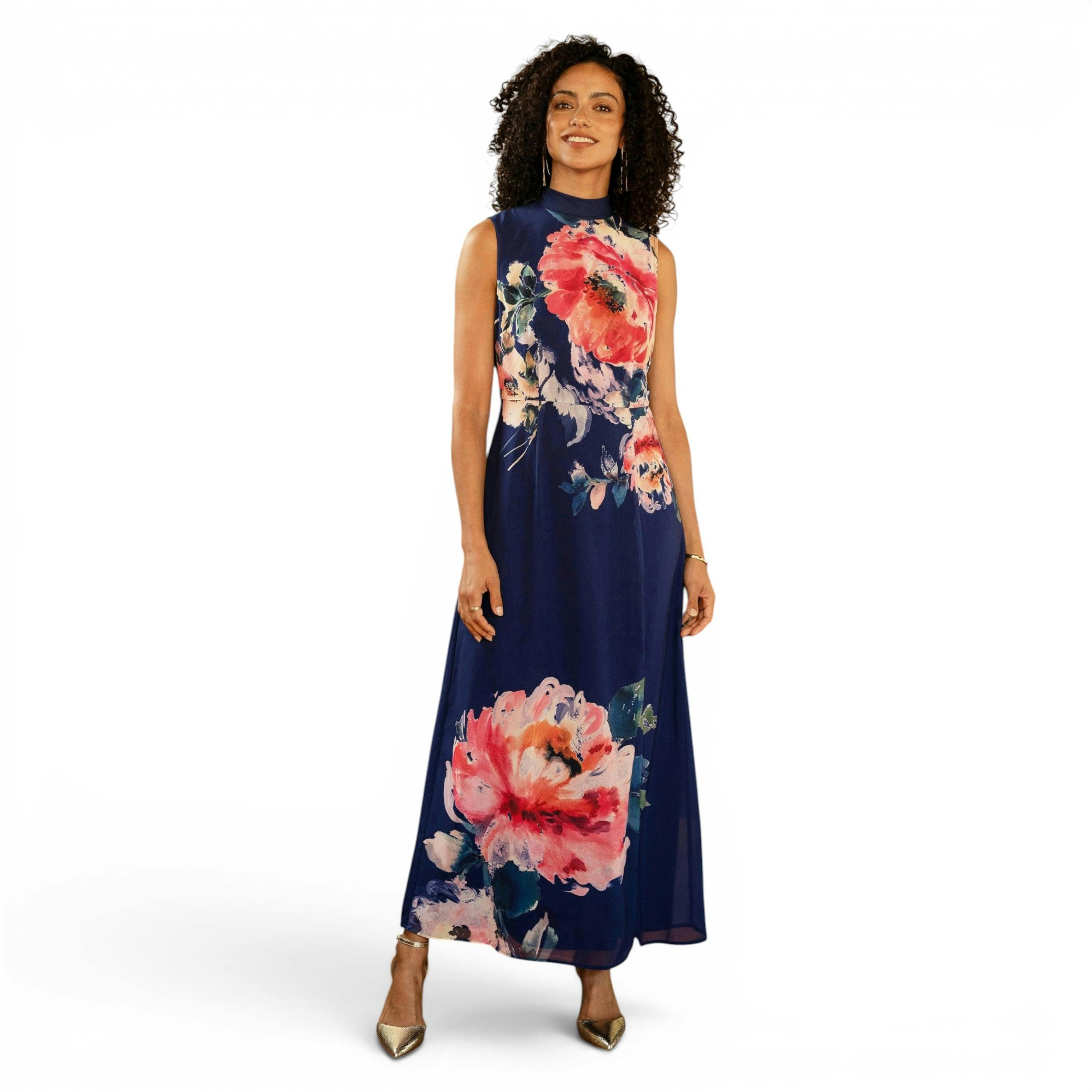 Yumi Navy Flower Halter Neck Maxi Dress , view 1 of 6