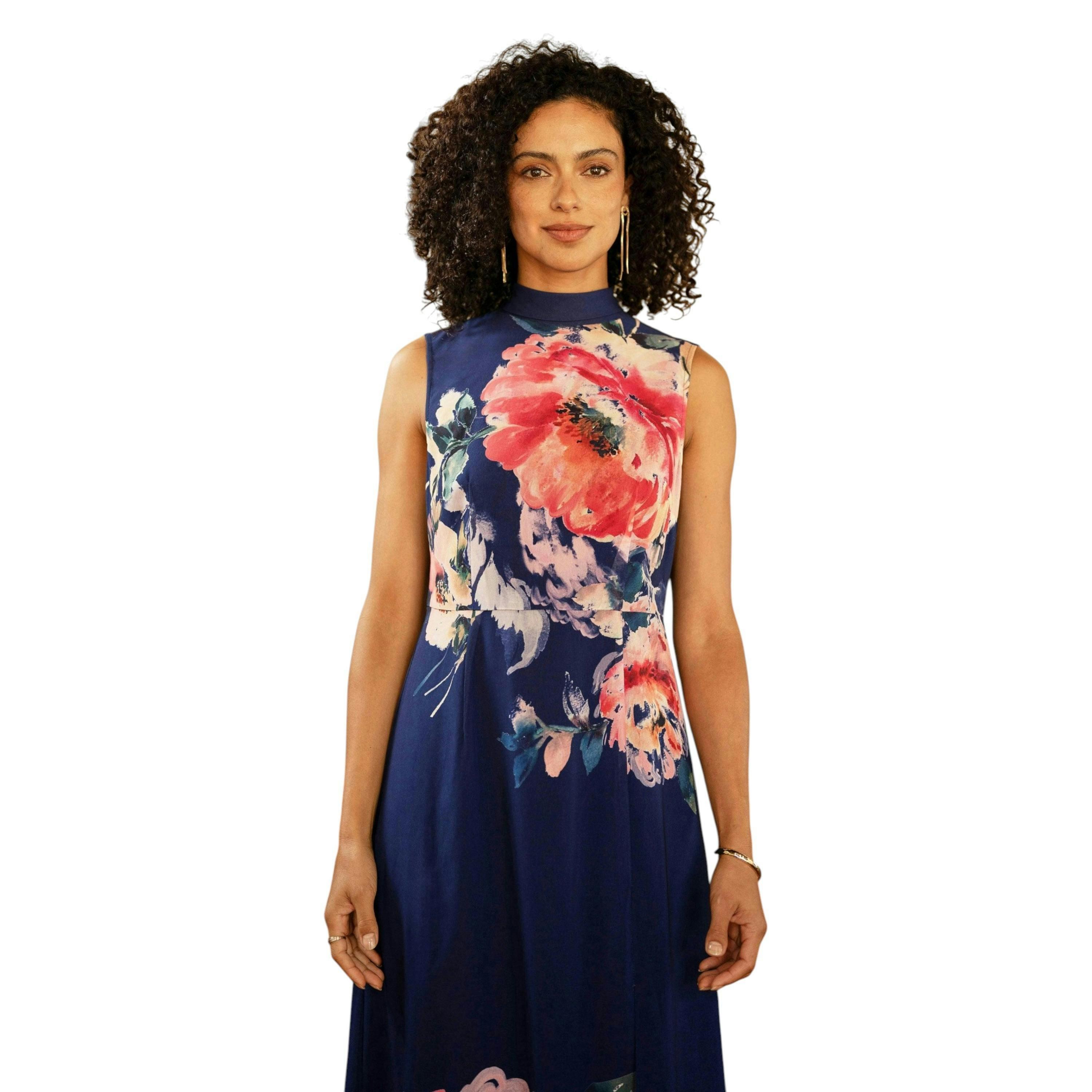 Yumi Navy Flower Halter Neck Maxi Dress , view 2 of 6