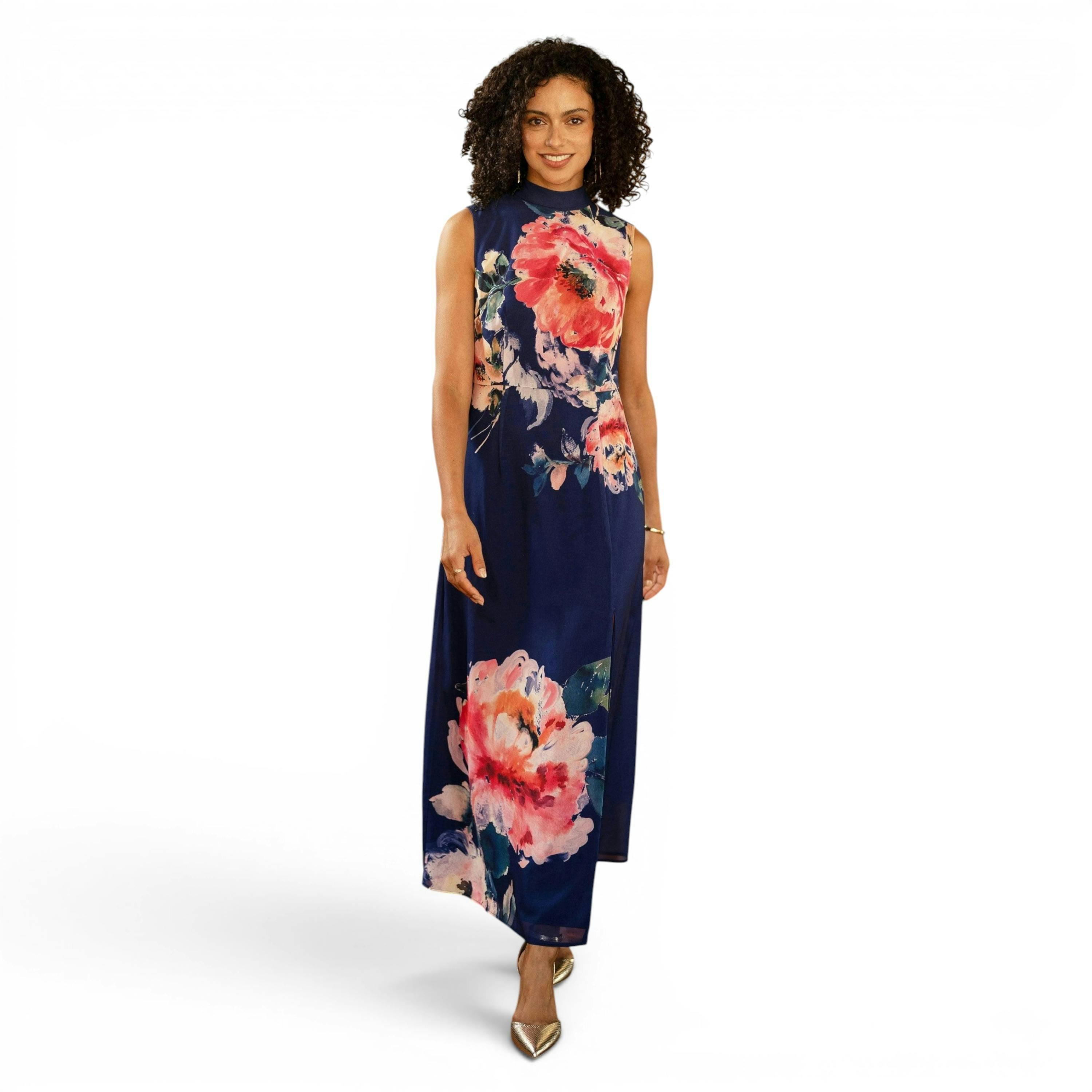 Yumi Navy Flower Halter Neck Maxi Dress , view 3 of 6
