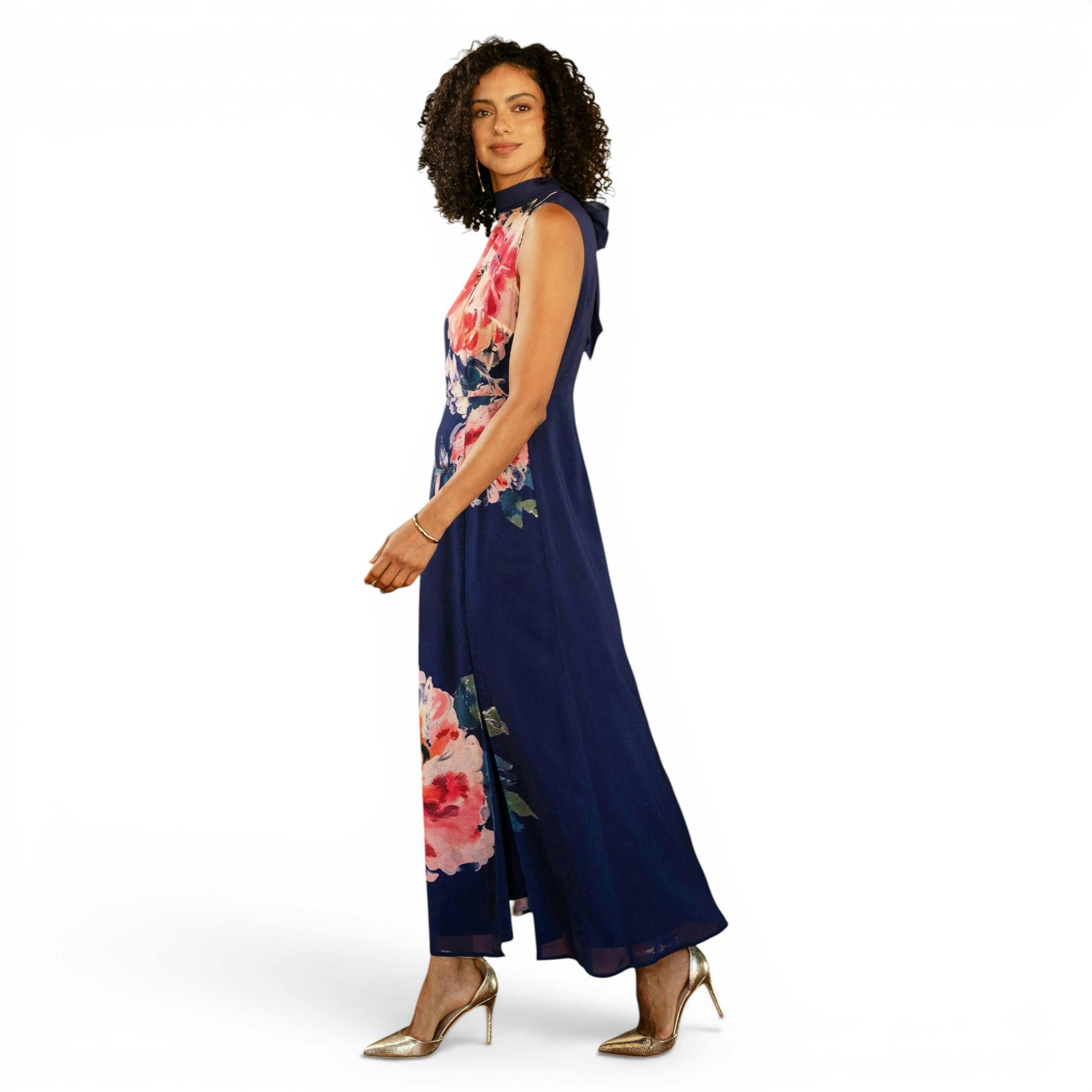 Yumi Navy Flower Halter Neck Maxi Dress , view 5 of 6
