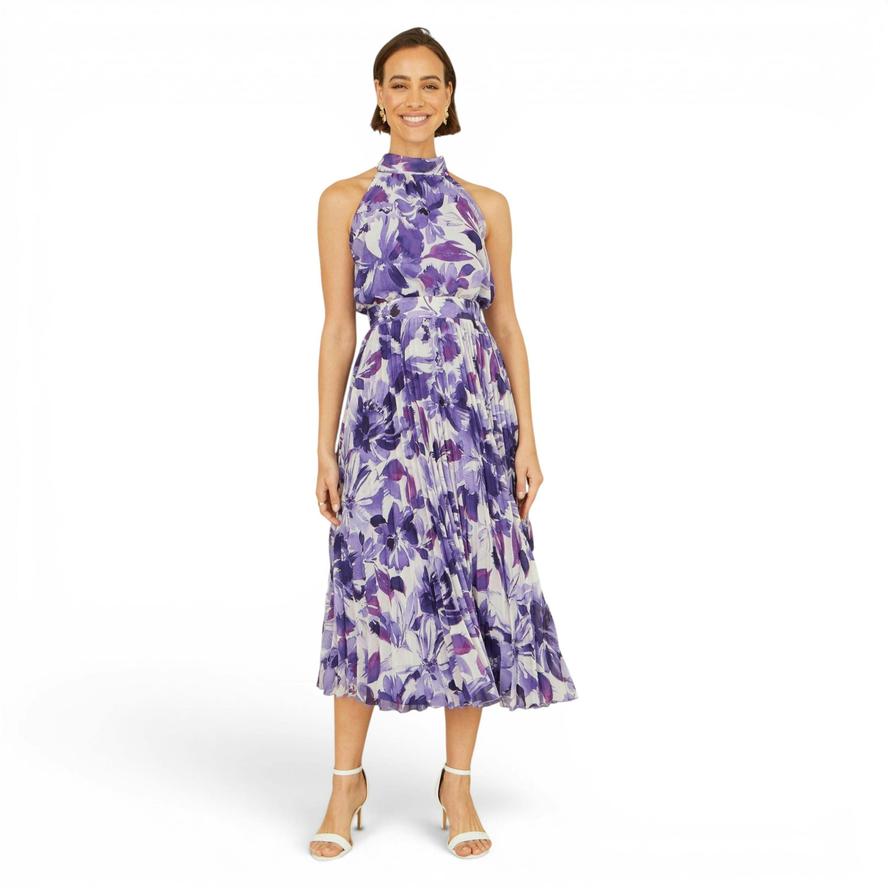 Yumi Purple Abstract Floral Halter Neck Pleated Midi Dress , view 1 of 6