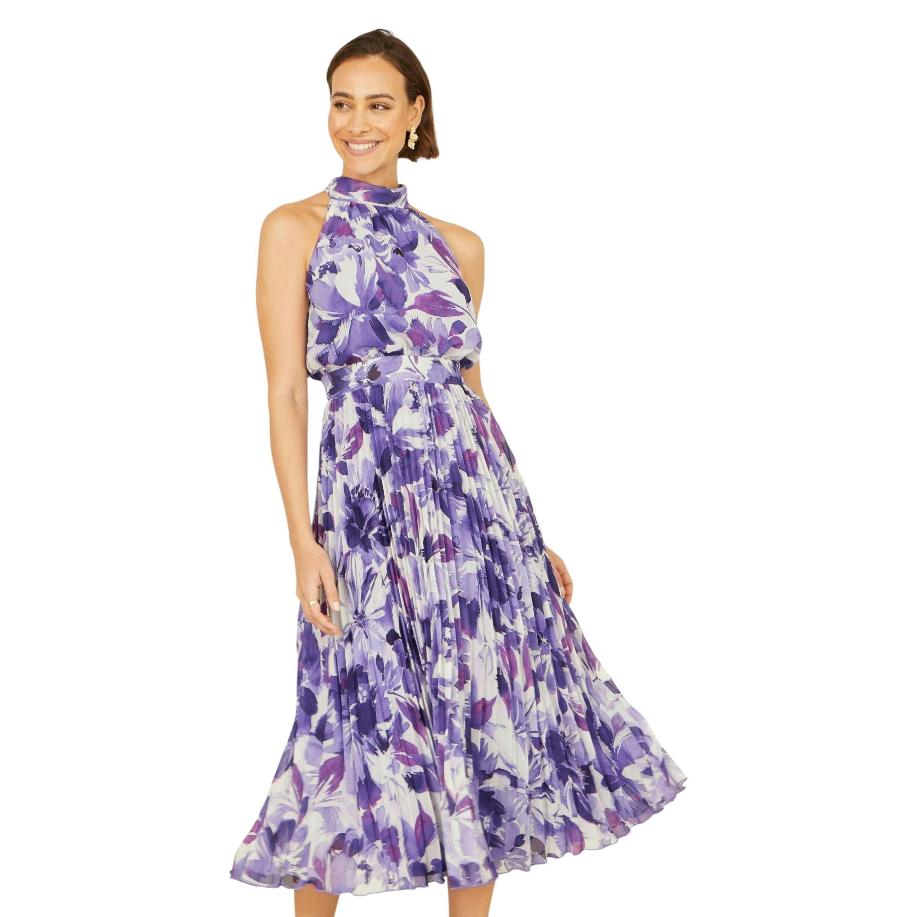 Yumi Purple Abstract Floral Halter Neck Pleated Midi Dress , view 3 of 6