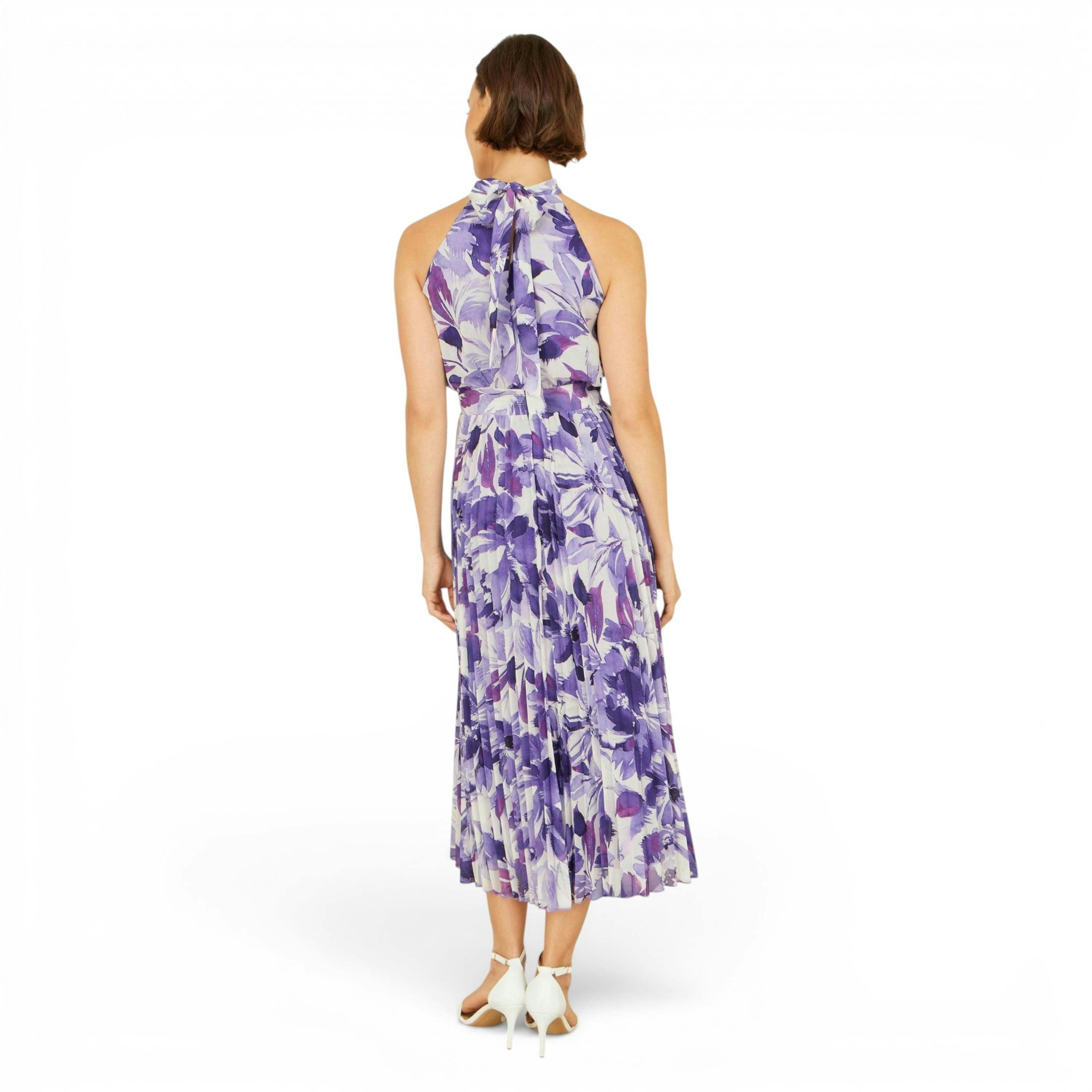 Yumi Purple Abstract Floral Halter Neck Pleated Midi Dress , view 4 of 6
