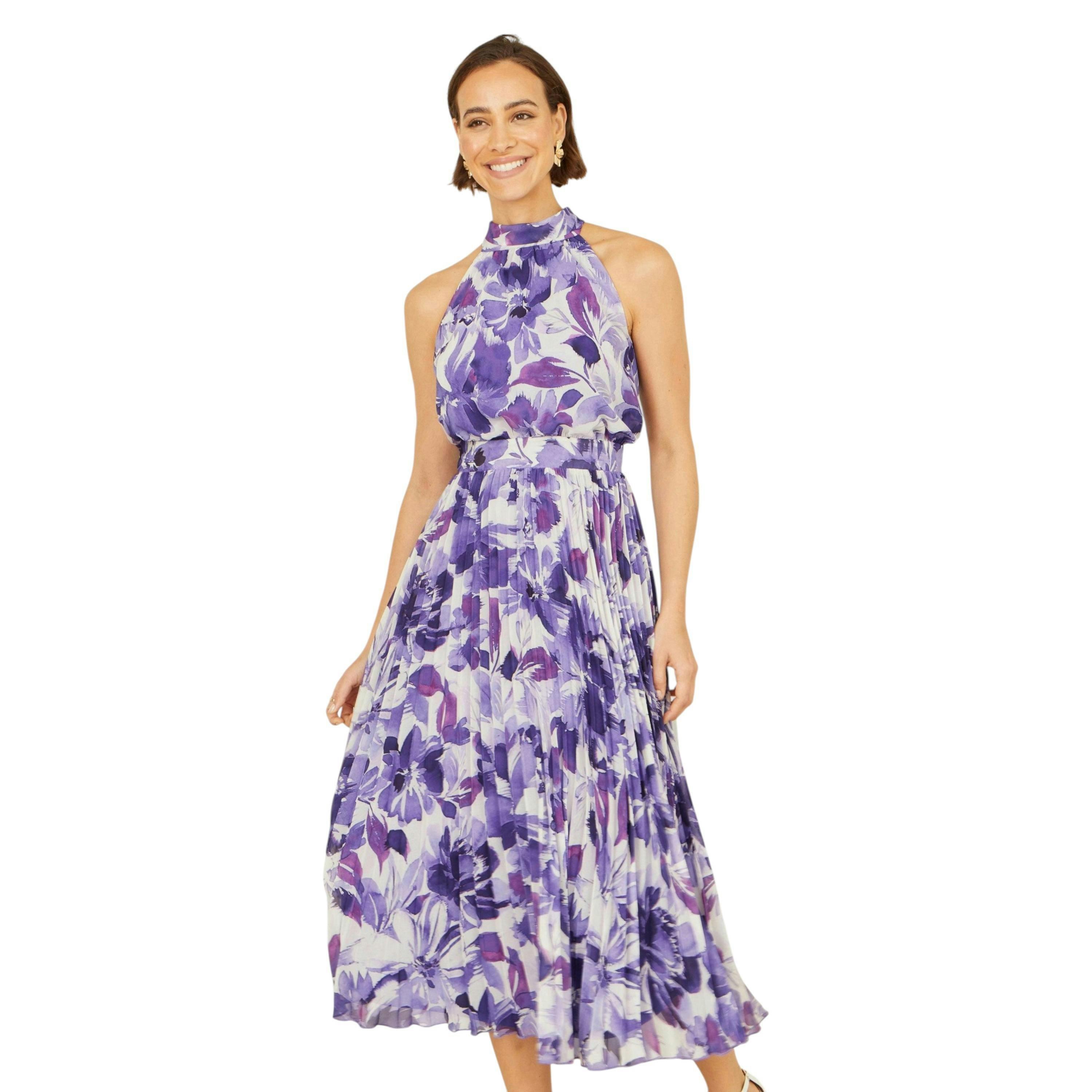 Yumi Purple Abstract Floral Halter Neck Pleated Midi Dress , view 5 of 6
