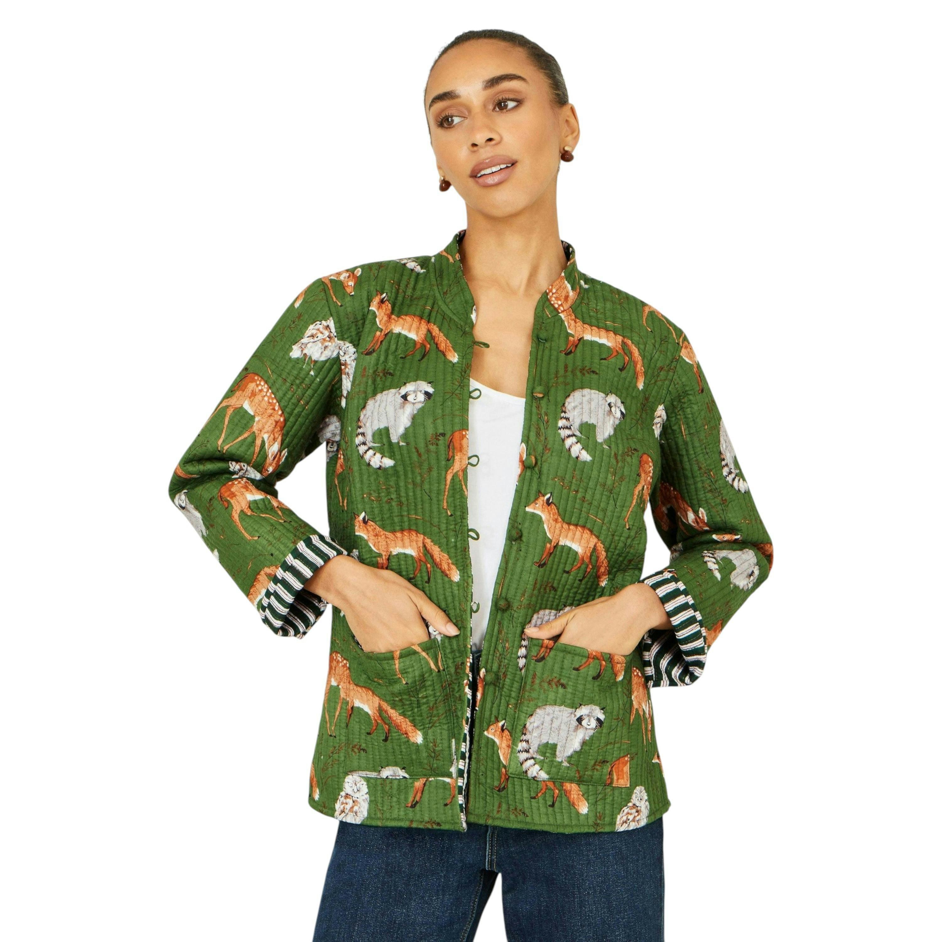 Yumi Green Fox Print Reversible Cotton Quilted Jacket , view 1 of 6