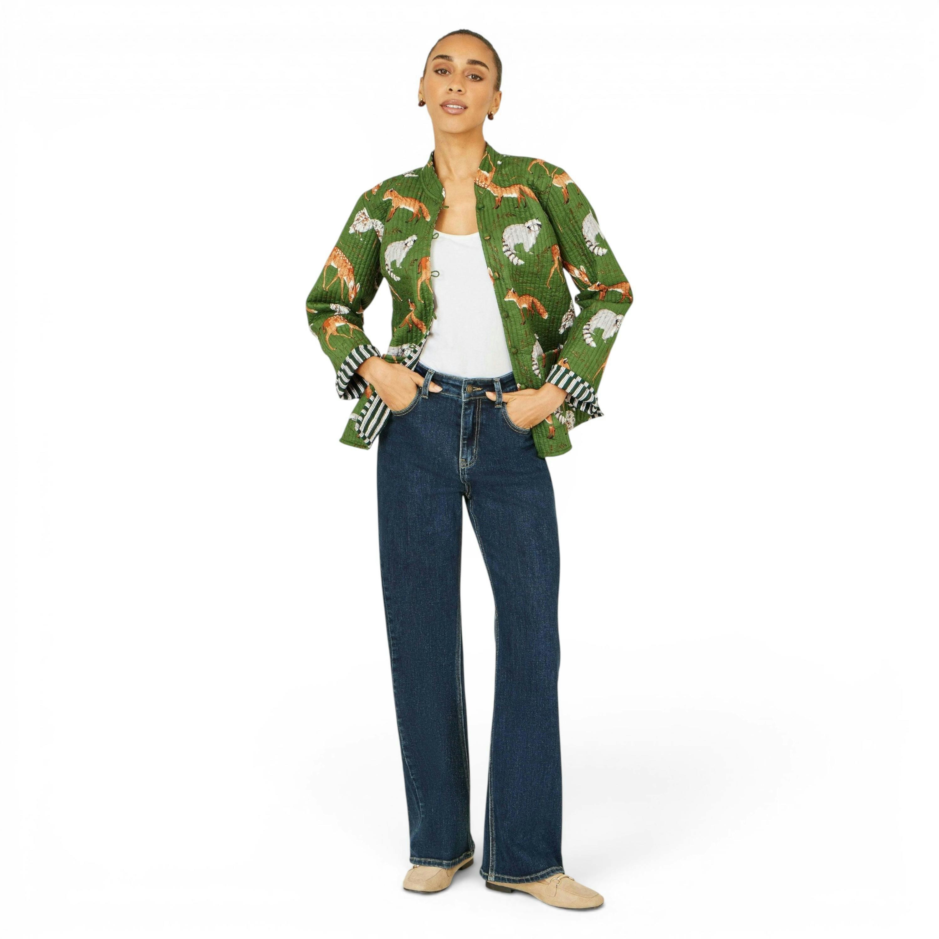 Yumi Green Fox Print Reversible Cotton Quilted Jacket , view 2 of 6