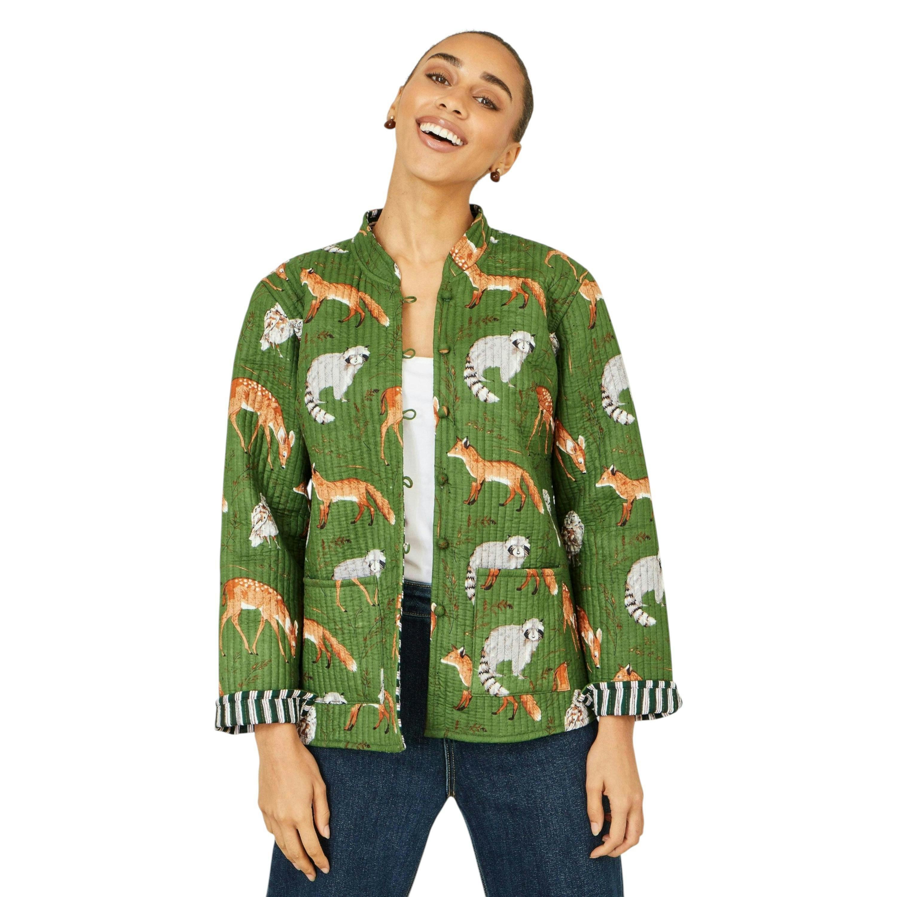 Yumi Green Fox Print Reversible Cotton Quilted Jacket , view 5 of 6