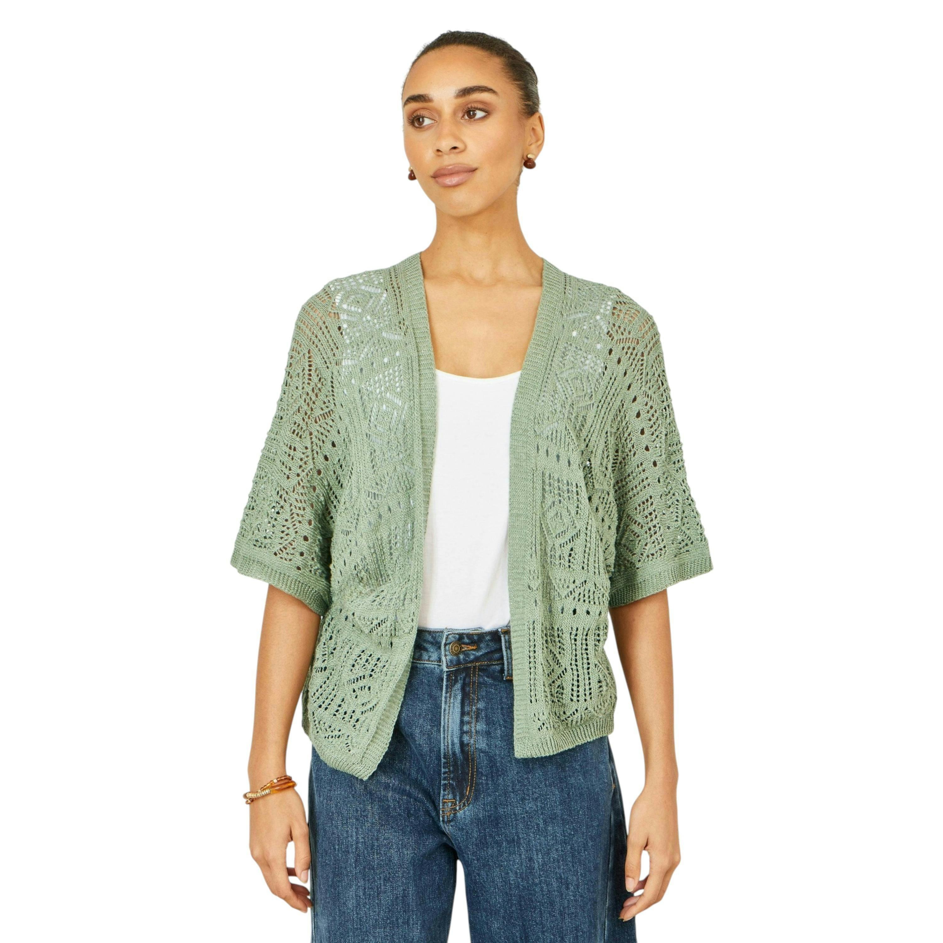 Yumi Green Crochet Edge To Edge 3/4 Sleeve Cardigan , view 1 of 6