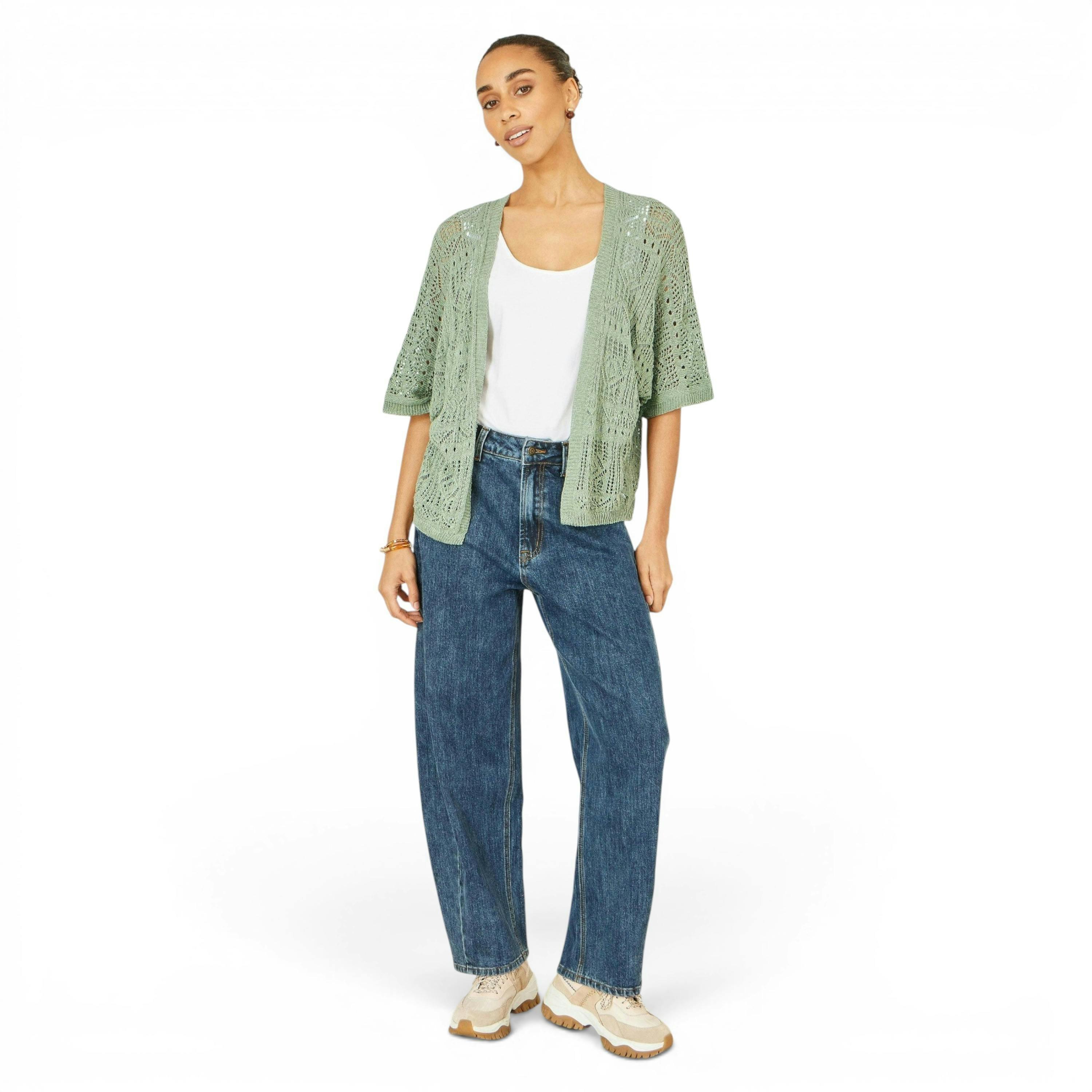 Yumi Green Crochet Edge To Edge 3/4 Sleeve Cardigan , view 2 of 6