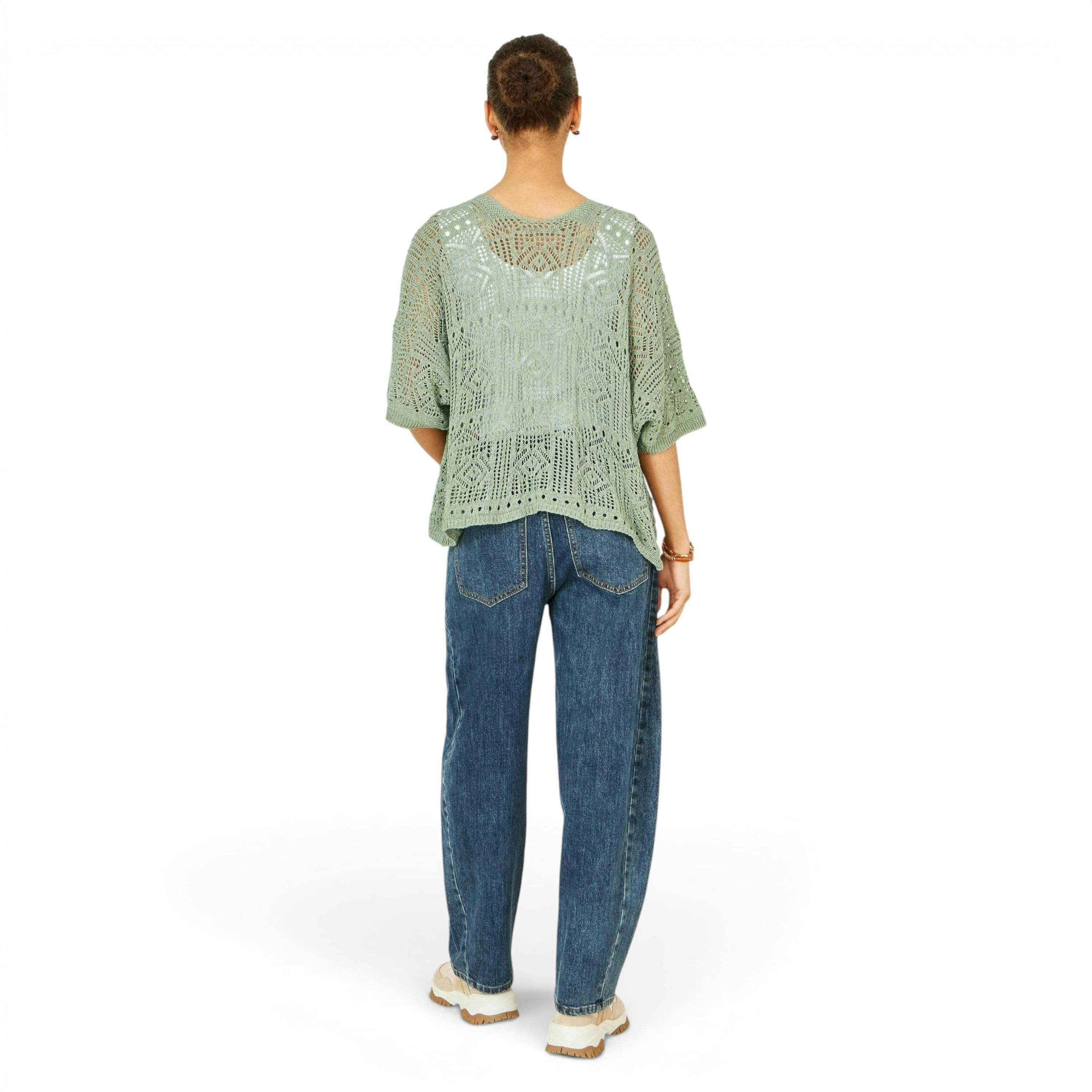 Yumi Green Crochet Edge To Edge 3/4 Sleeve Cardigan , view 4 of 6