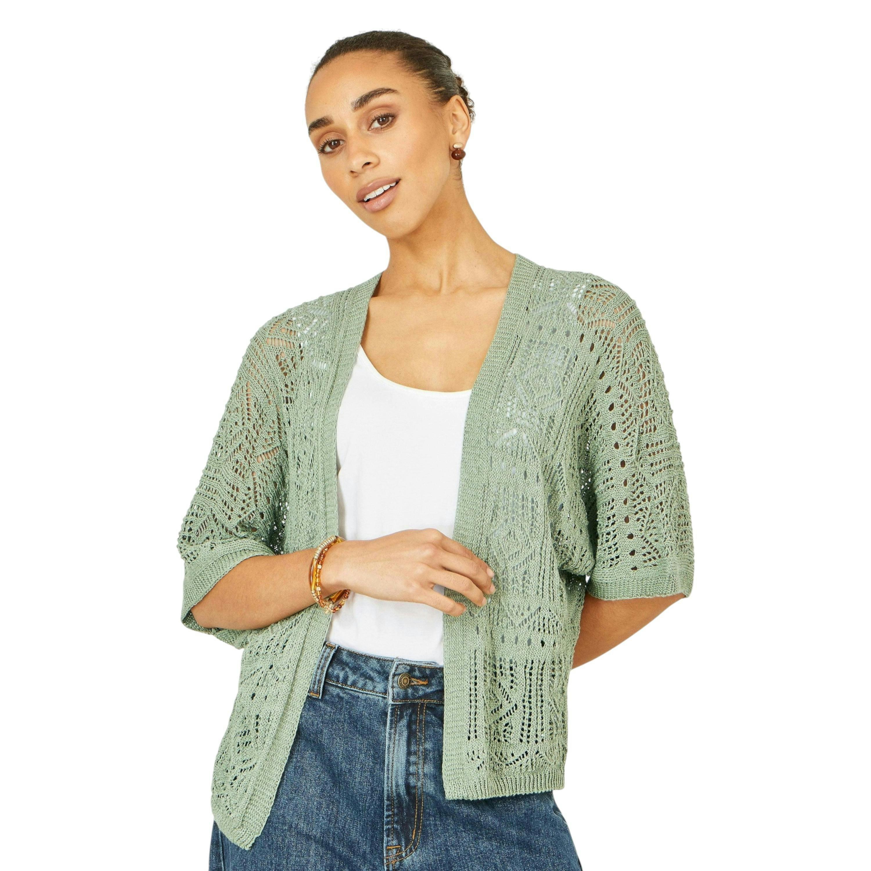 Yumi Green Crochet Edge To Edge 3/4 Sleeve Cardigan , view 5 of 6