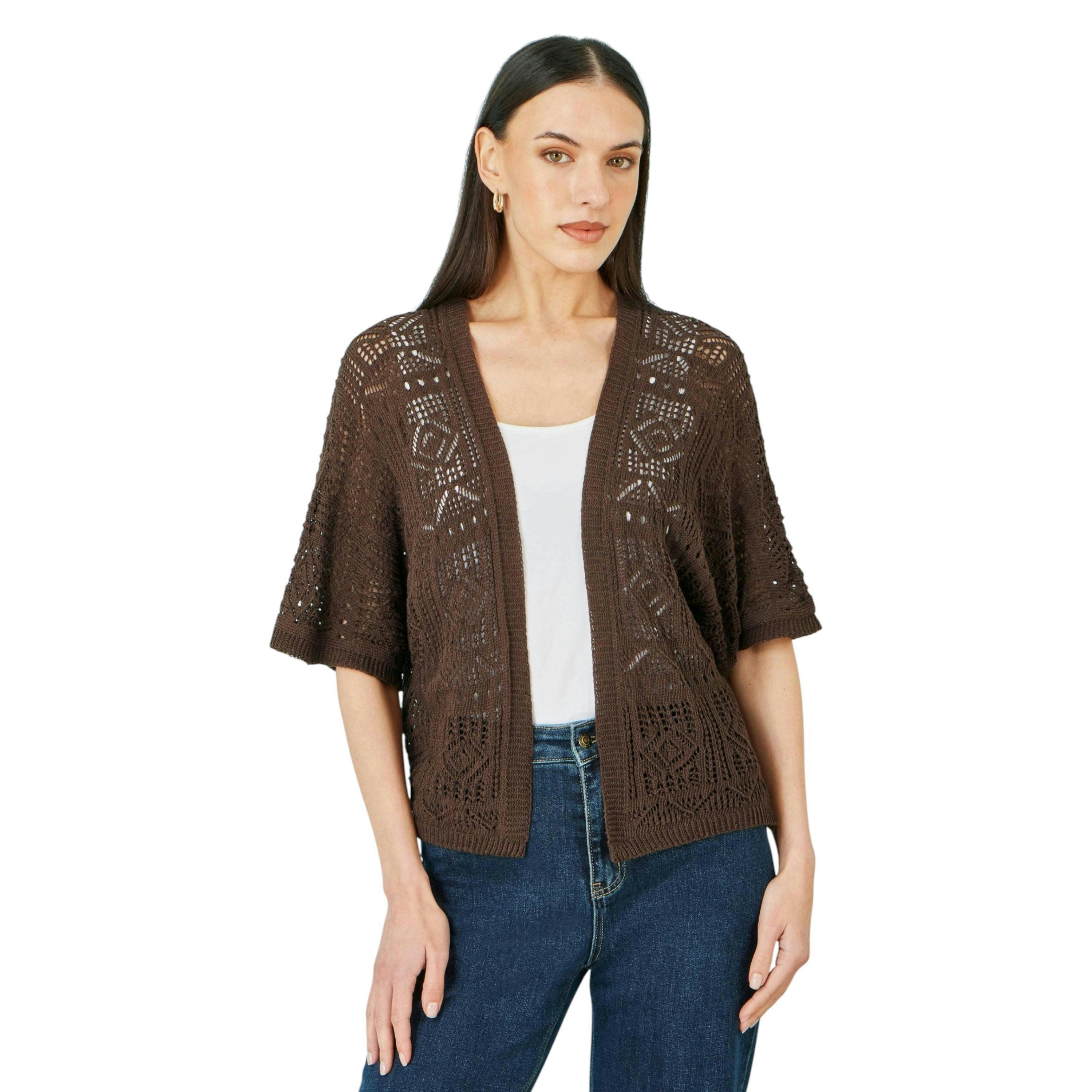 Yumi Brown Crochet Edge To Edge 3/4 Sleeve Cardigan , view 1 of 6