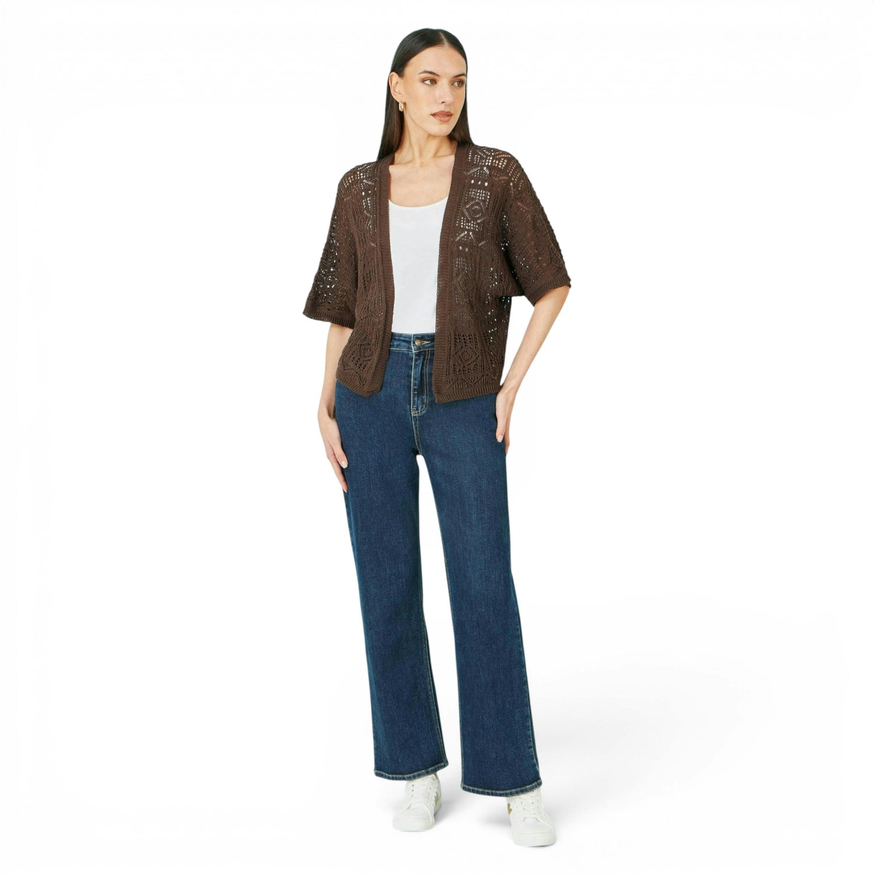Yumi Brown Crochet Edge To Edge 3/4 Sleeve Cardigan , view 2 of 6