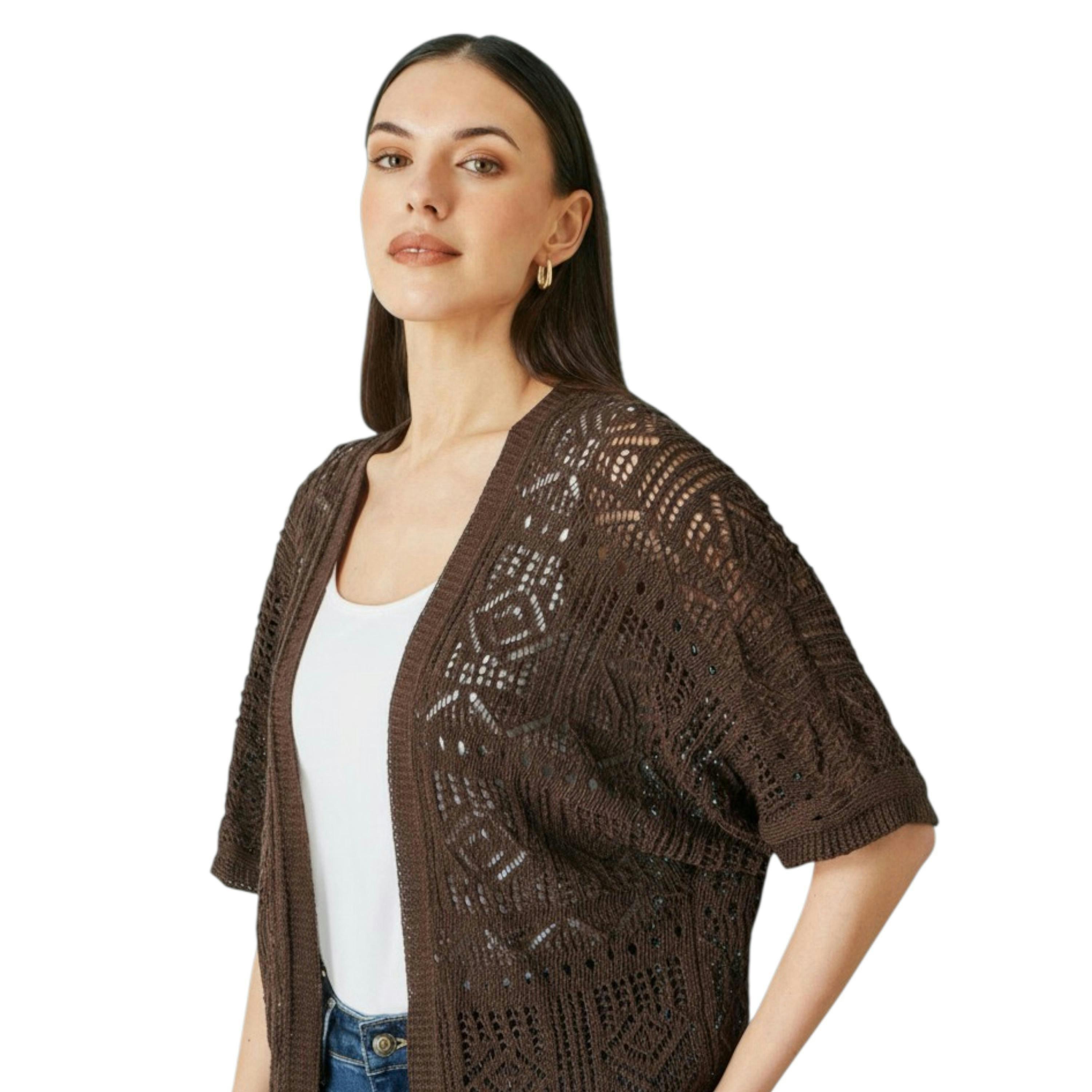 Yumi Brown Crochet Edge To Edge 3/4 Sleeve Cardigan , view 3 of 6