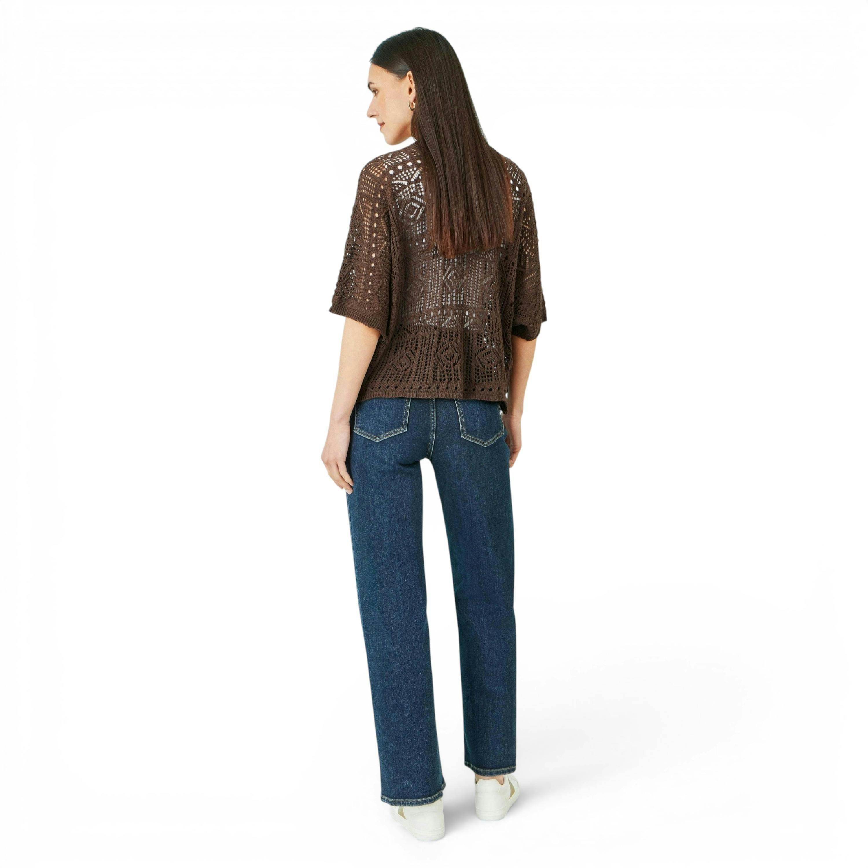 Yumi Brown Crochet Edge To Edge 3/4 Sleeve Cardigan , view 4 of 6