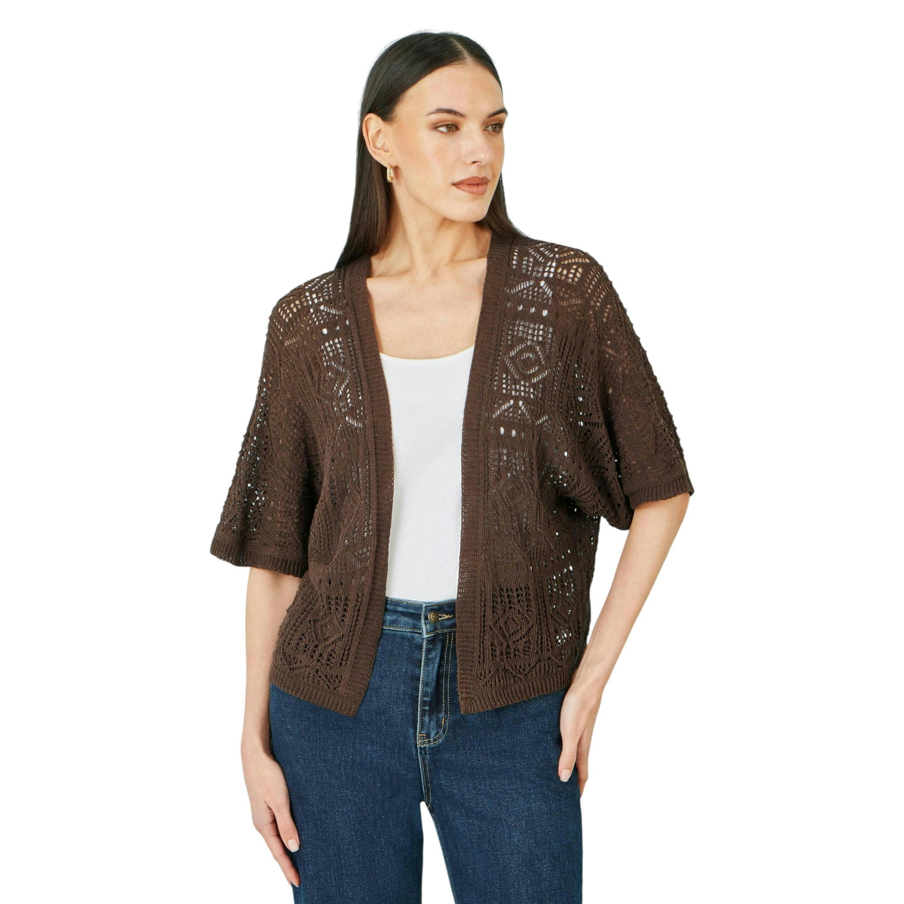 Yumi Brown Crochet Edge To Edge 3/4 Sleeve Cardigan , view 5 of 6