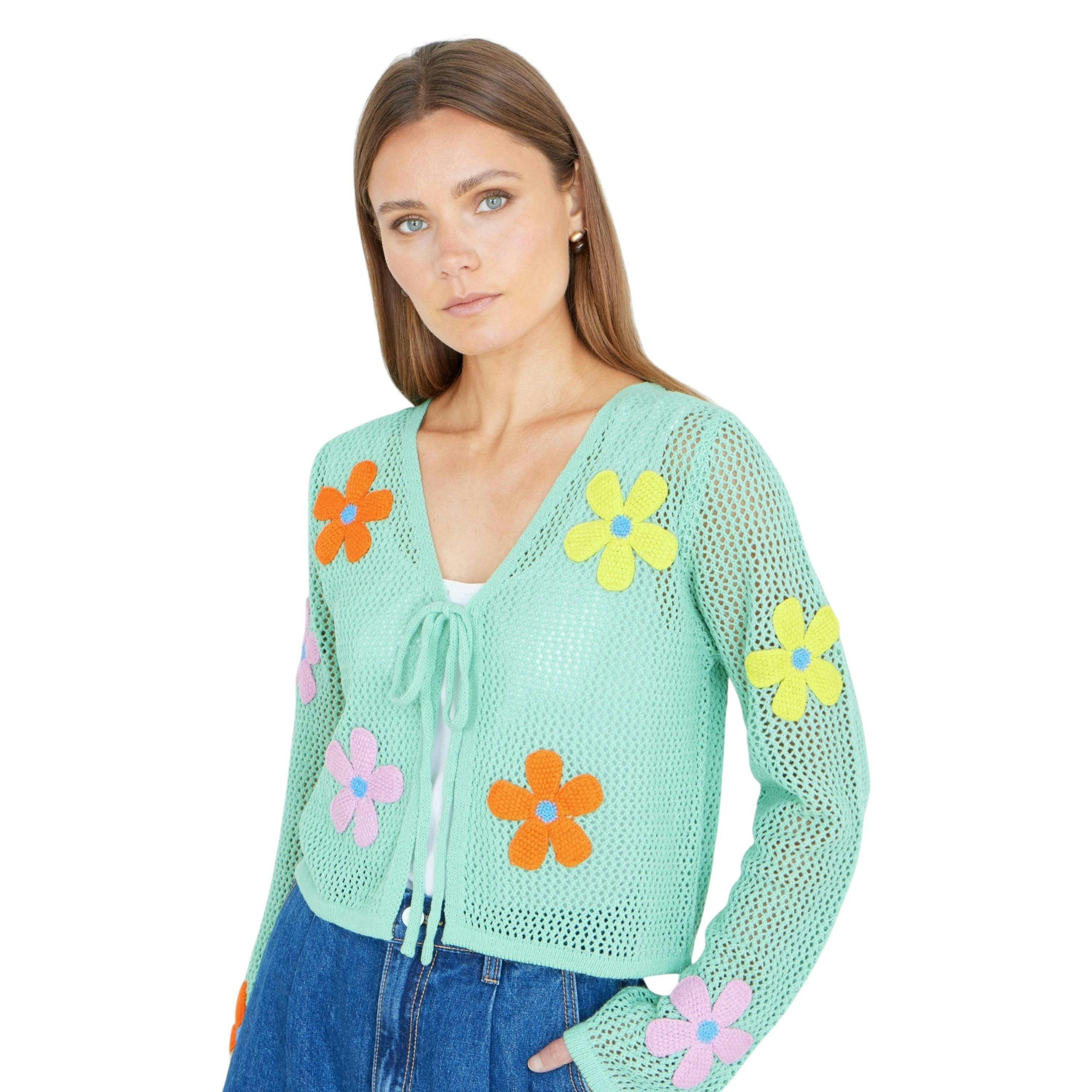 Yumi Mint Tie Front Cardigan With Flower Design , view 1 of 6