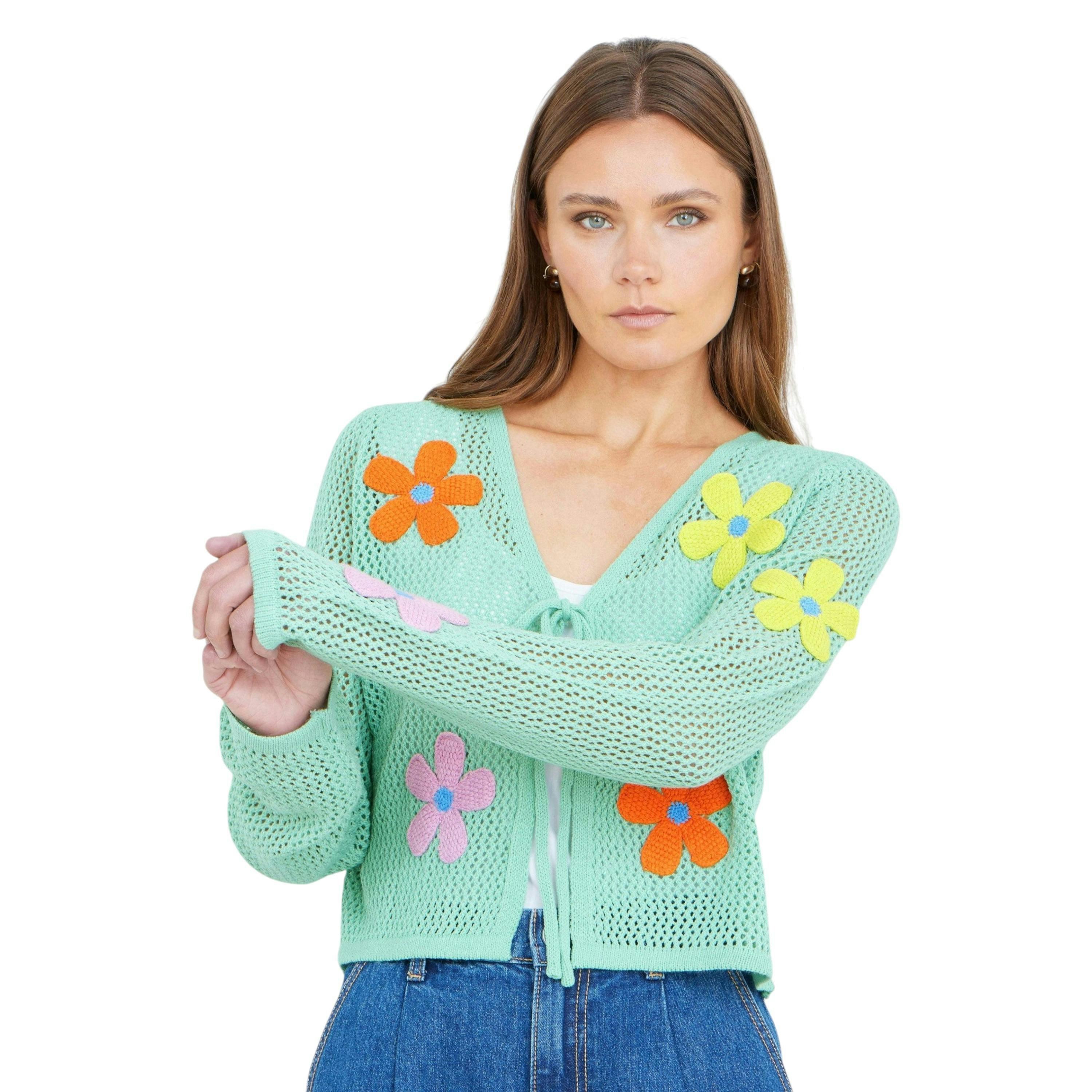 Yumi Mint Tie Front Cardigan With Flower Design , view 2 of 6
