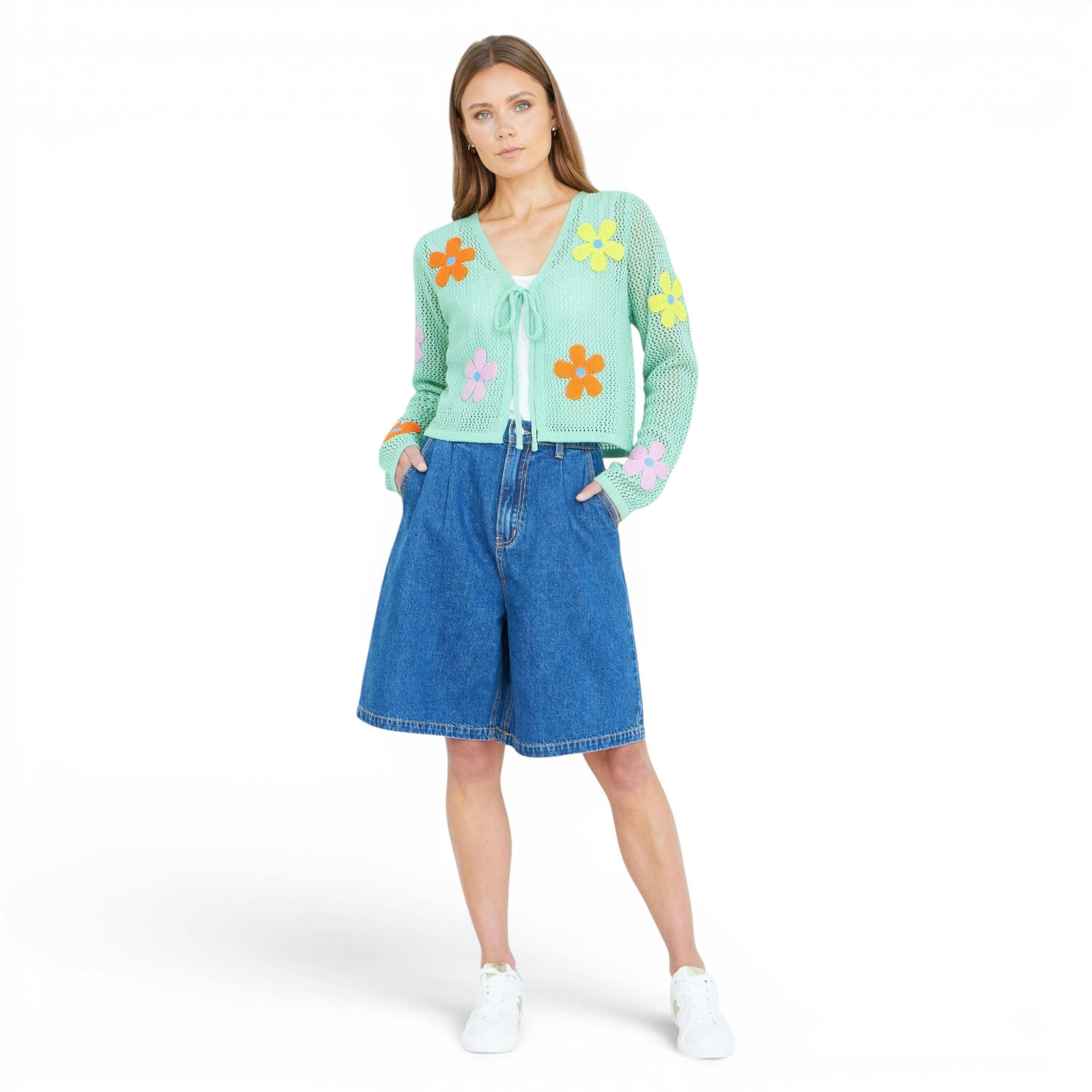 Yumi Mint Tie Front Cardigan With Flower Design , view 3 of 6
