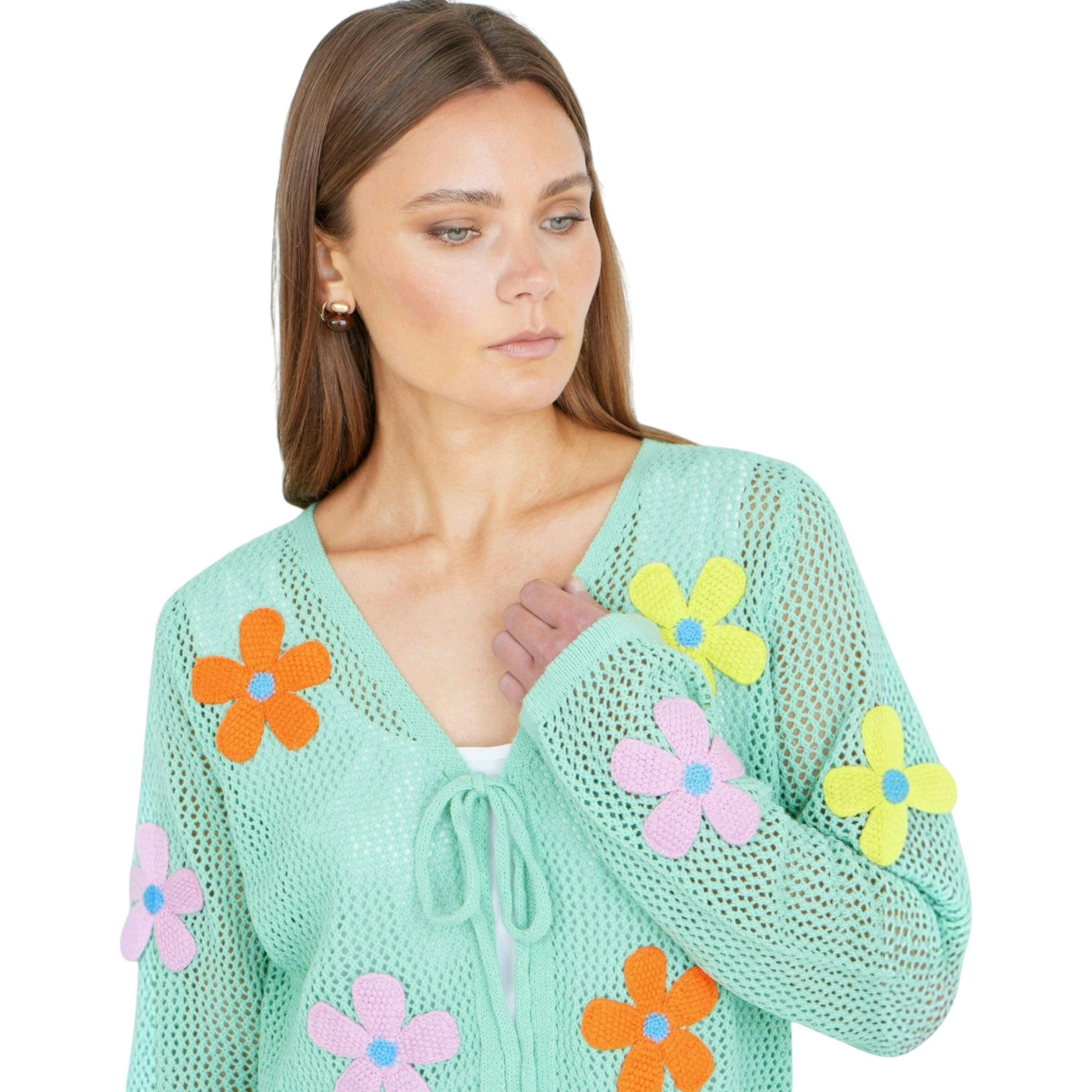 Yumi Mint Tie Front Cardigan With Flower Design , view 5 of 6