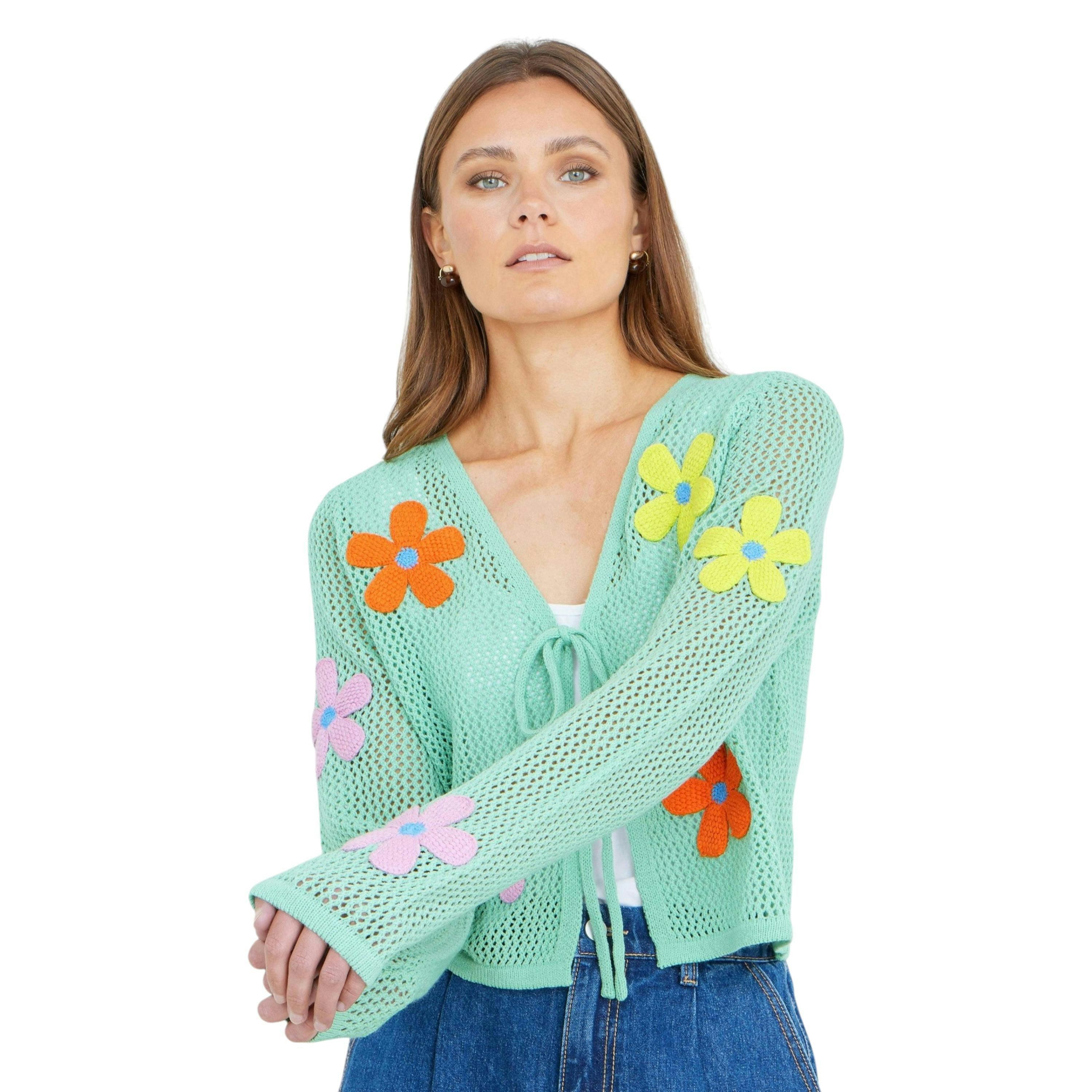 Yumi Mint Tie Front Cardigan With Flower Design , view 6 of 6