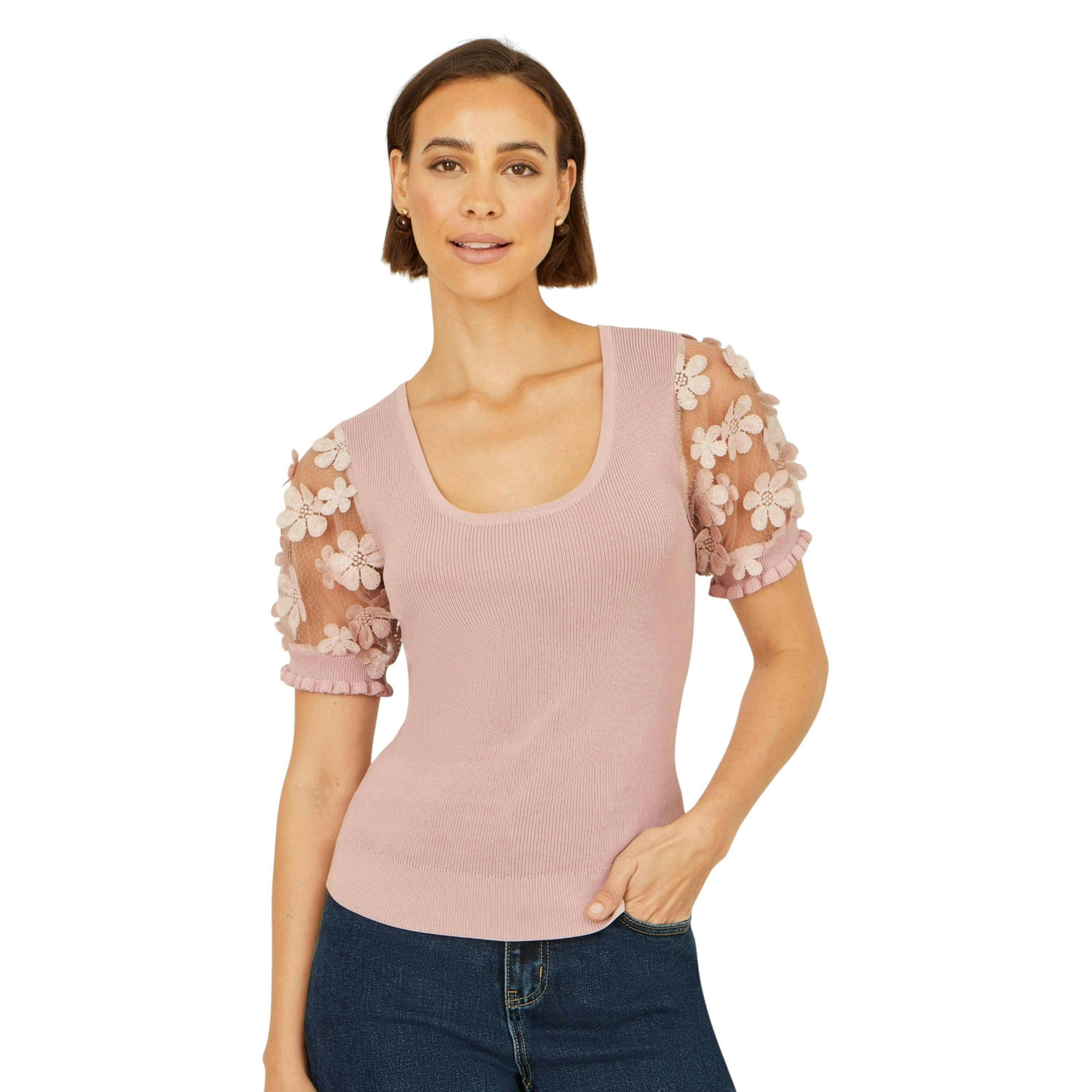 Yumi Blush Knitted Top With Floral Applique , view 2 of 6