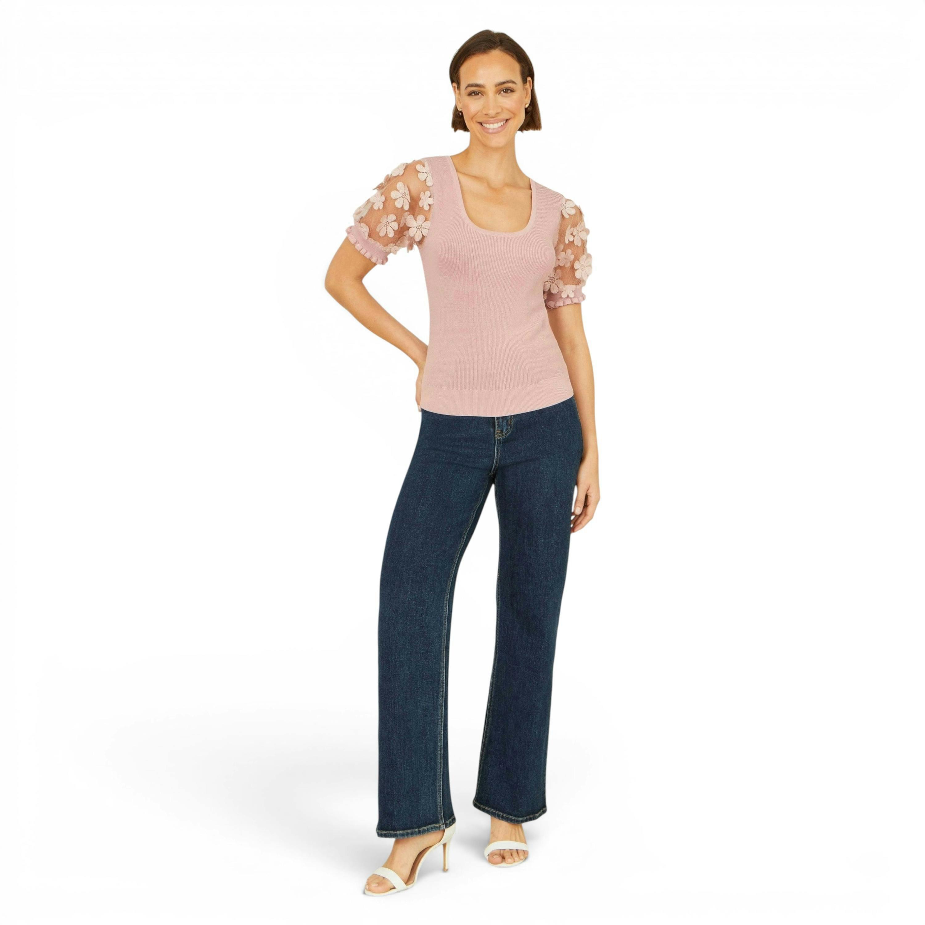 Yumi Blush Knitted Top With Floral Applique , view 4 of 6