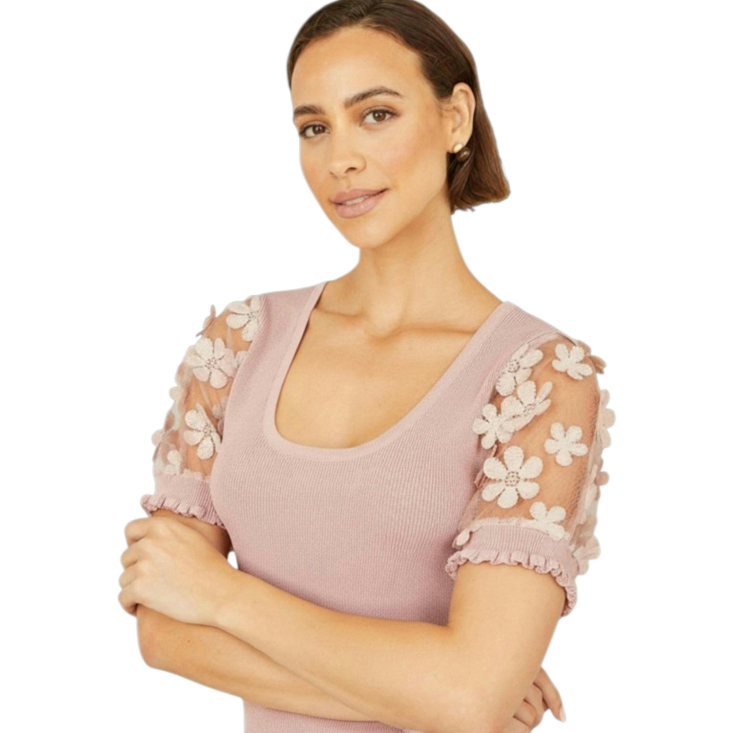 Yumi Blush Knitted Top With Floral Applique , view 6 of 6