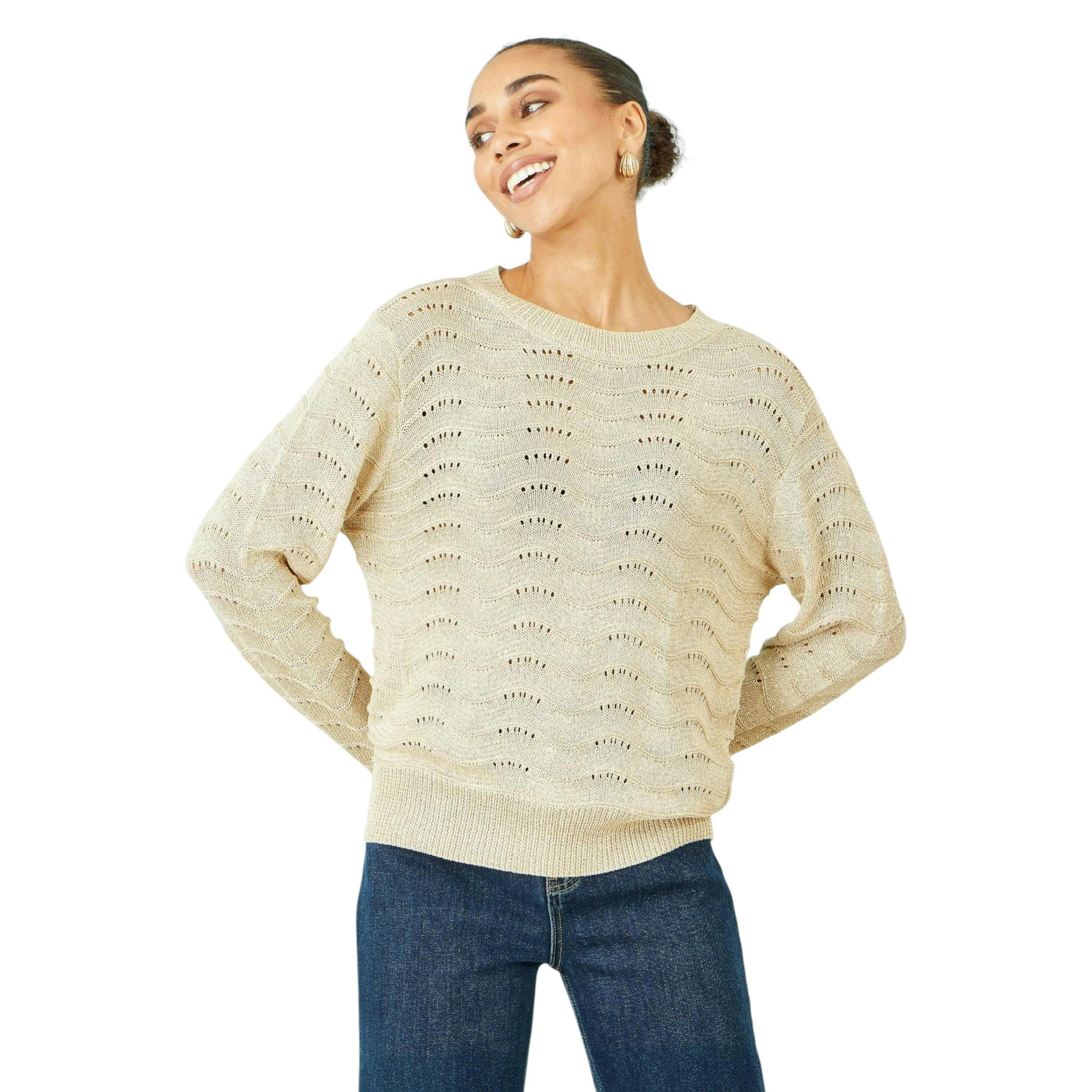 Yumi Beige Wave Metallic Thread Relaxed Jumper , view 1 of 6