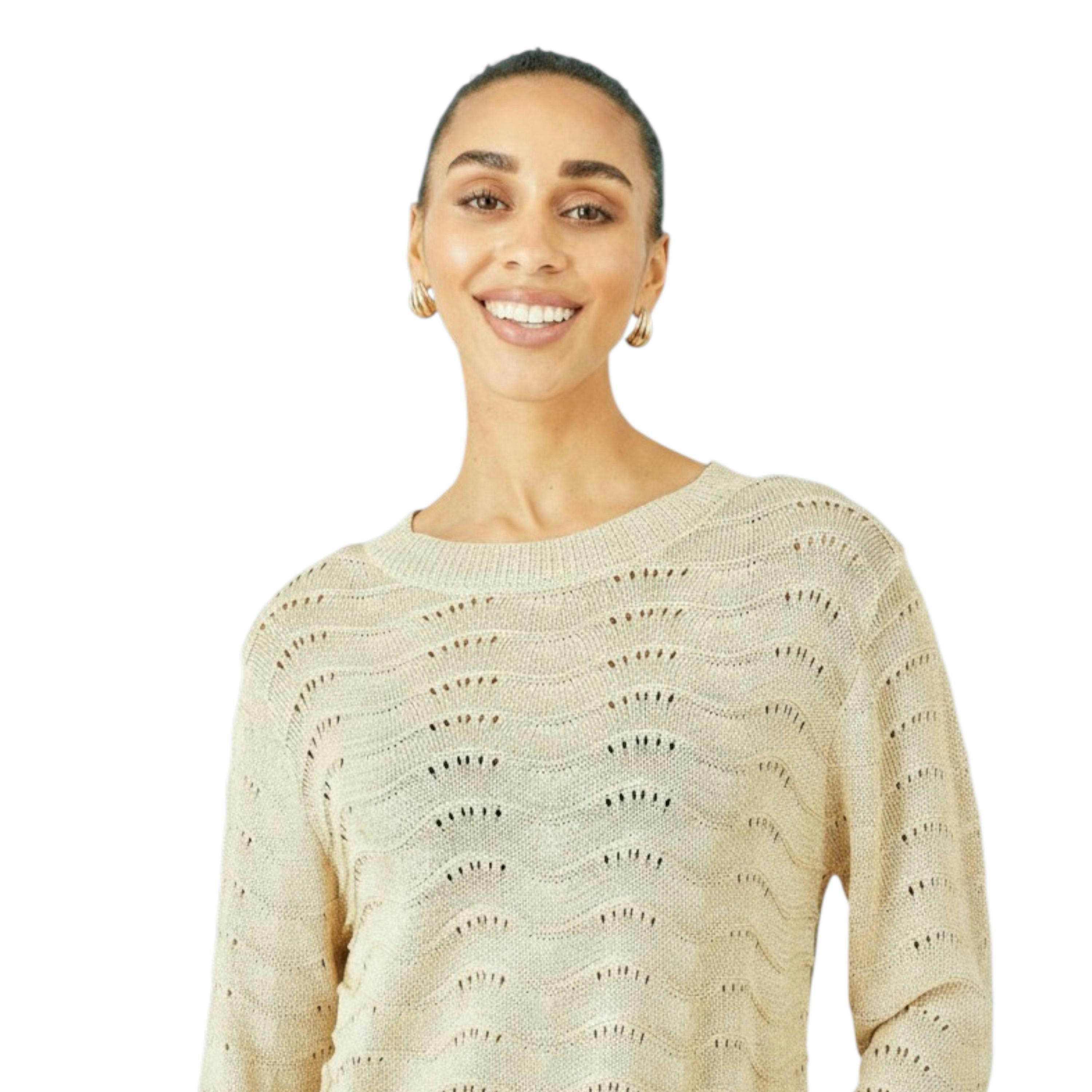 Yumi Beige Wave Metallic Thread Relaxed Jumper , view 2 of 6