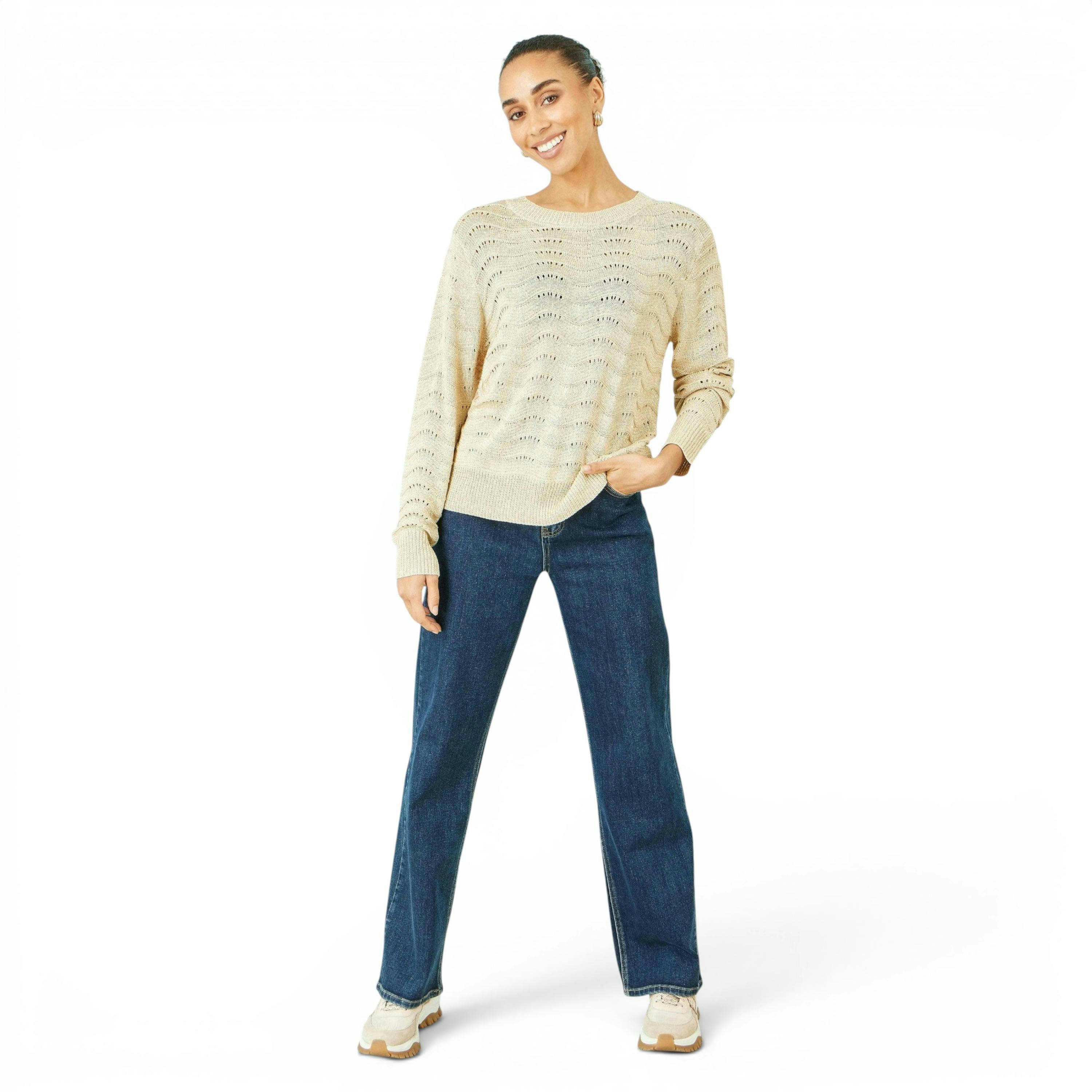 Yumi Beige Wave Metallic Thread Relaxed Jumper , view 3 of 6