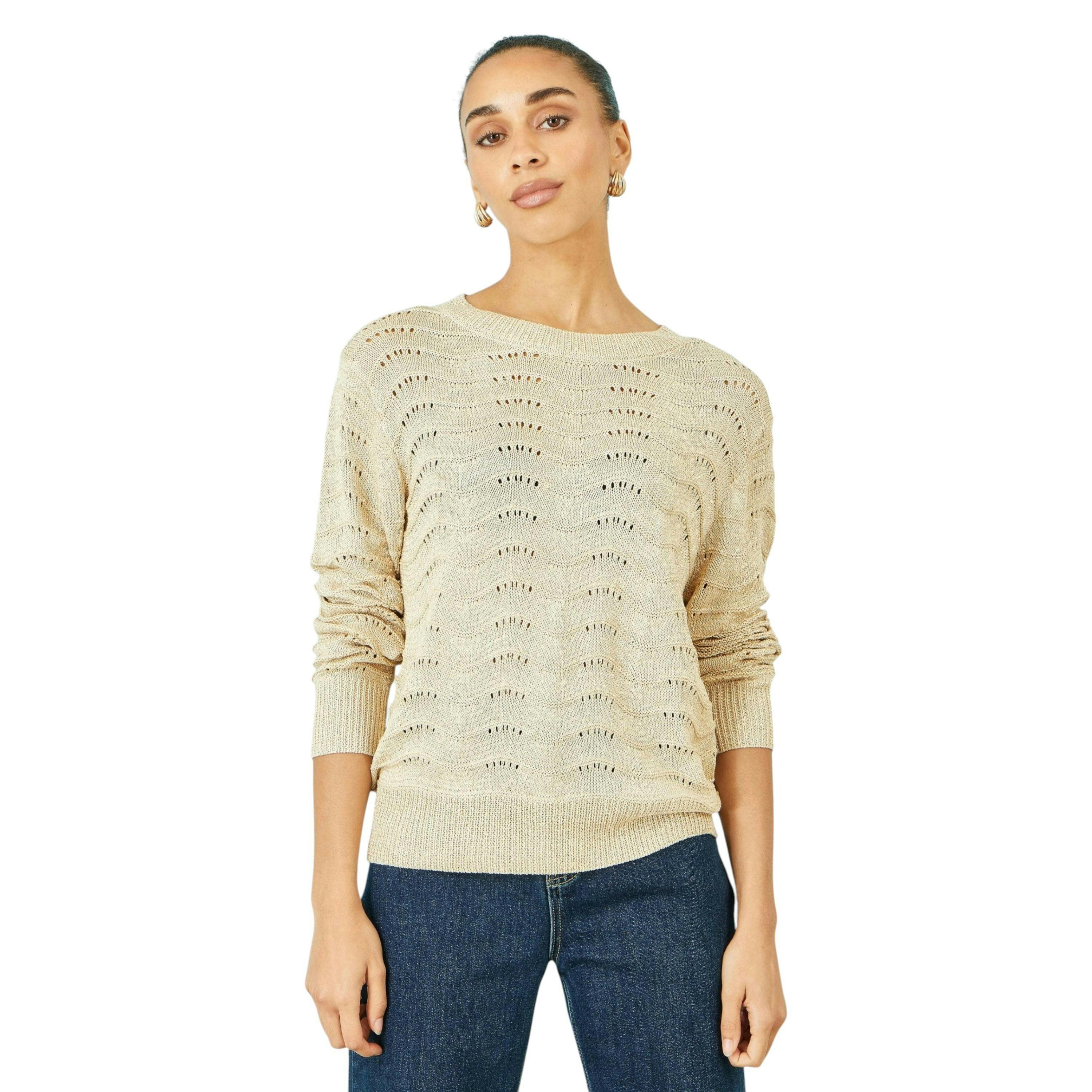 Yumi Beige Wave Metallic Thread Relaxed Jumper , view 5 of 6