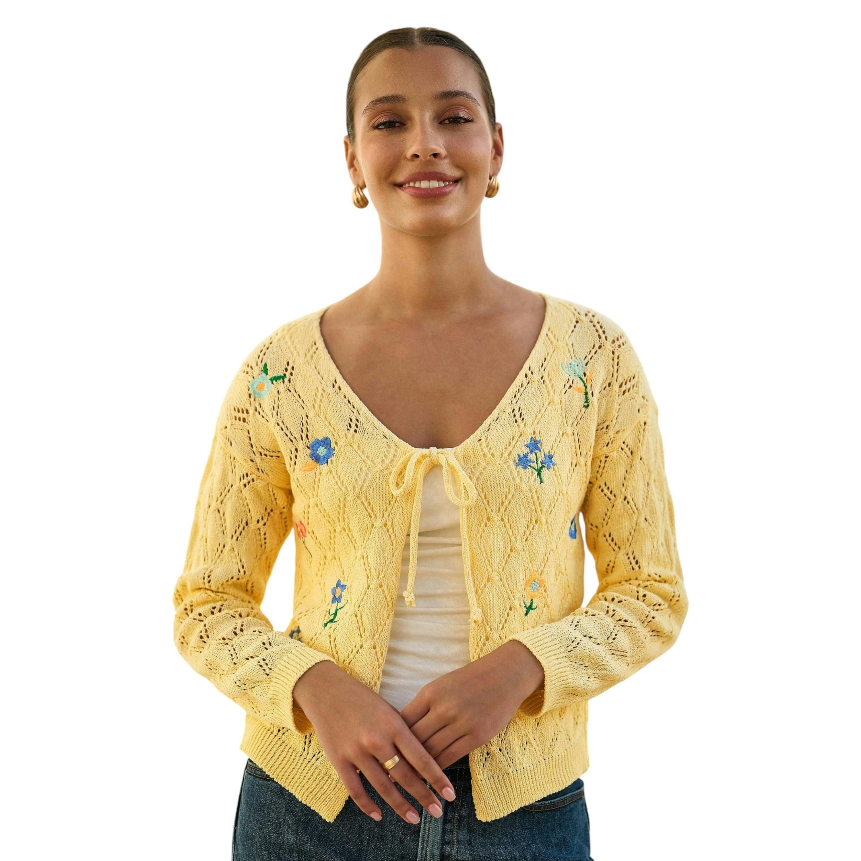 Yumi Butter Yellow Embroidered Pointelle Cardigan , view 1 of 6
