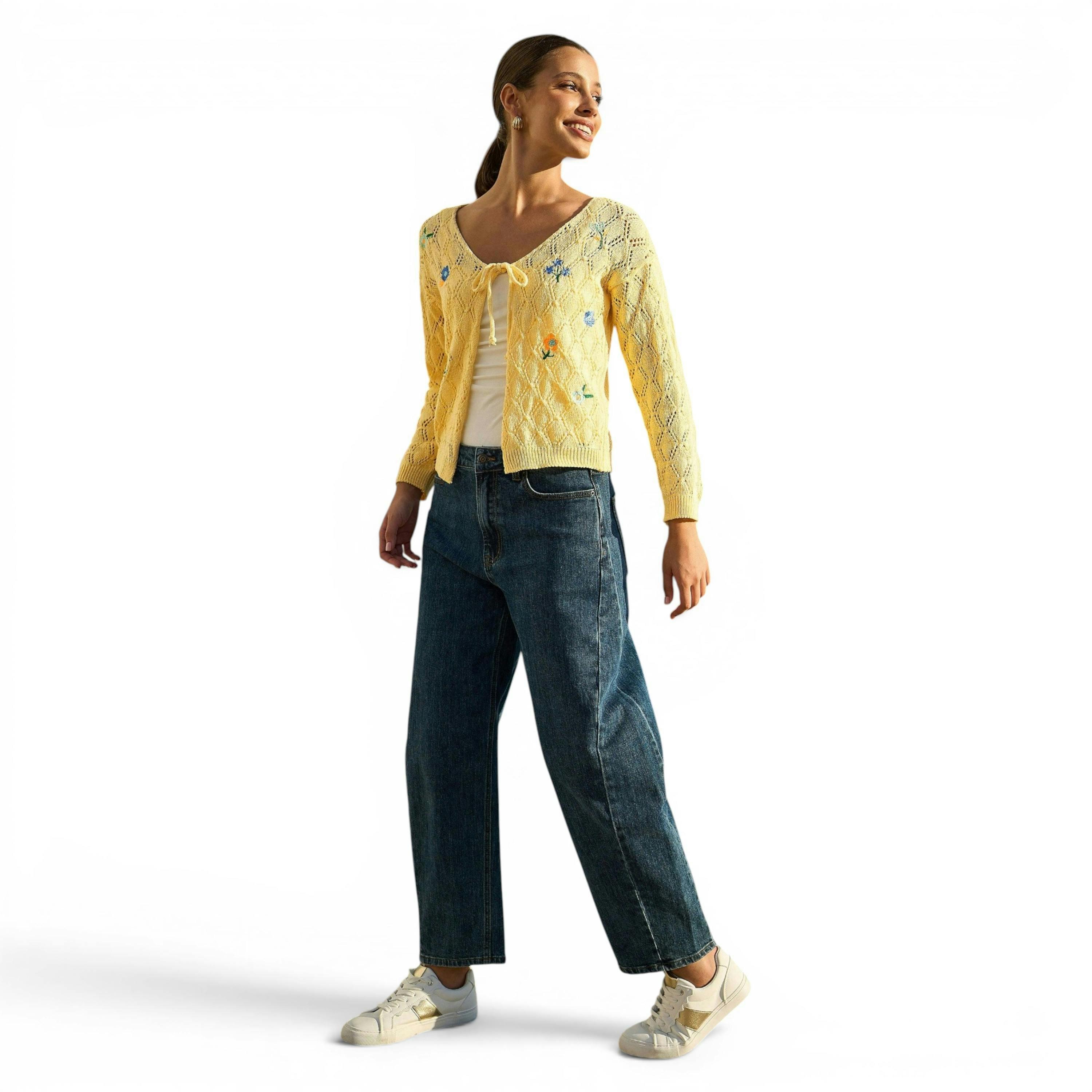 Yumi Butter Yellow Embroidered Pointelle Cardigan , view 2 of 6