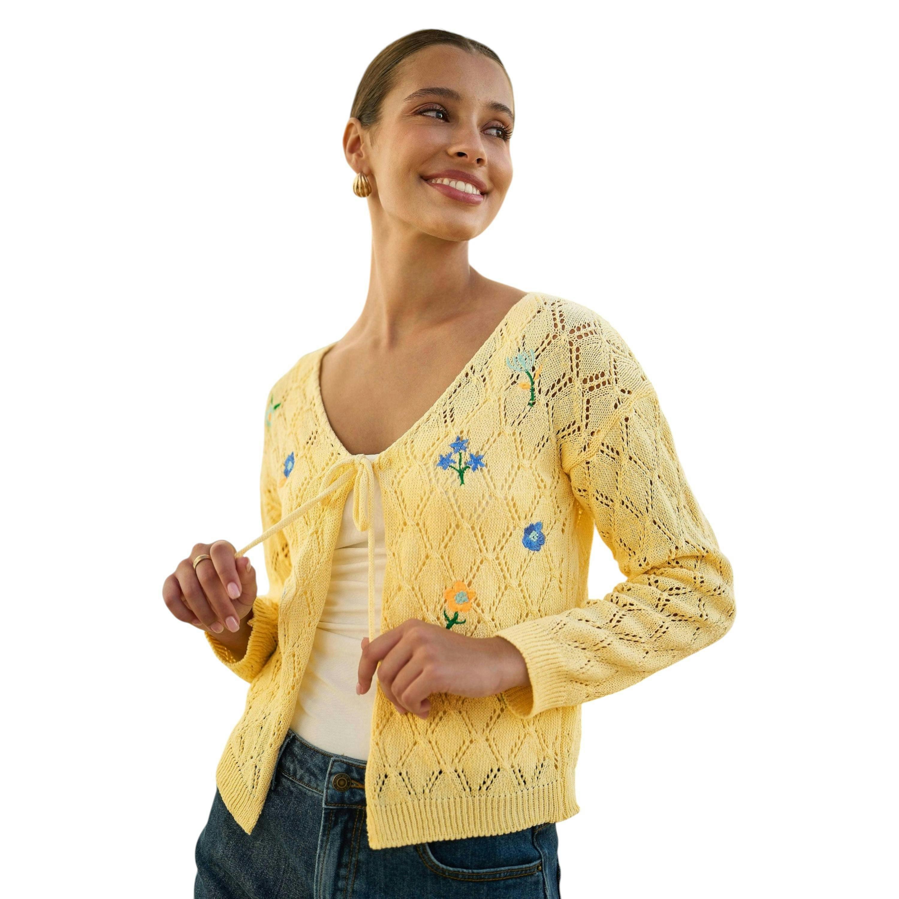 Yumi Butter Yellow Embroidered Pointelle Cardigan , view 3 of 6