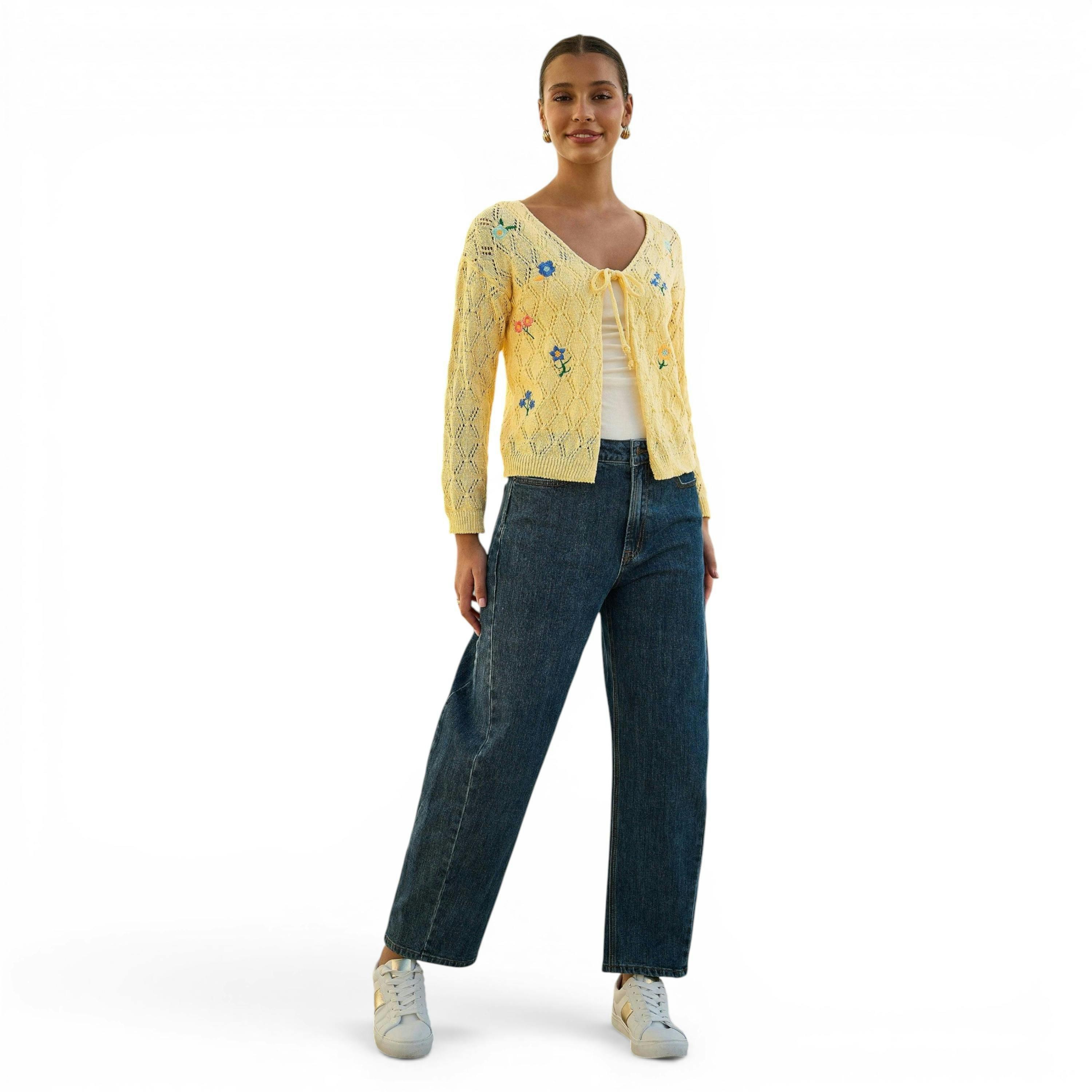 Yumi Butter Yellow Embroidered Pointelle Cardigan , view 5 of 6