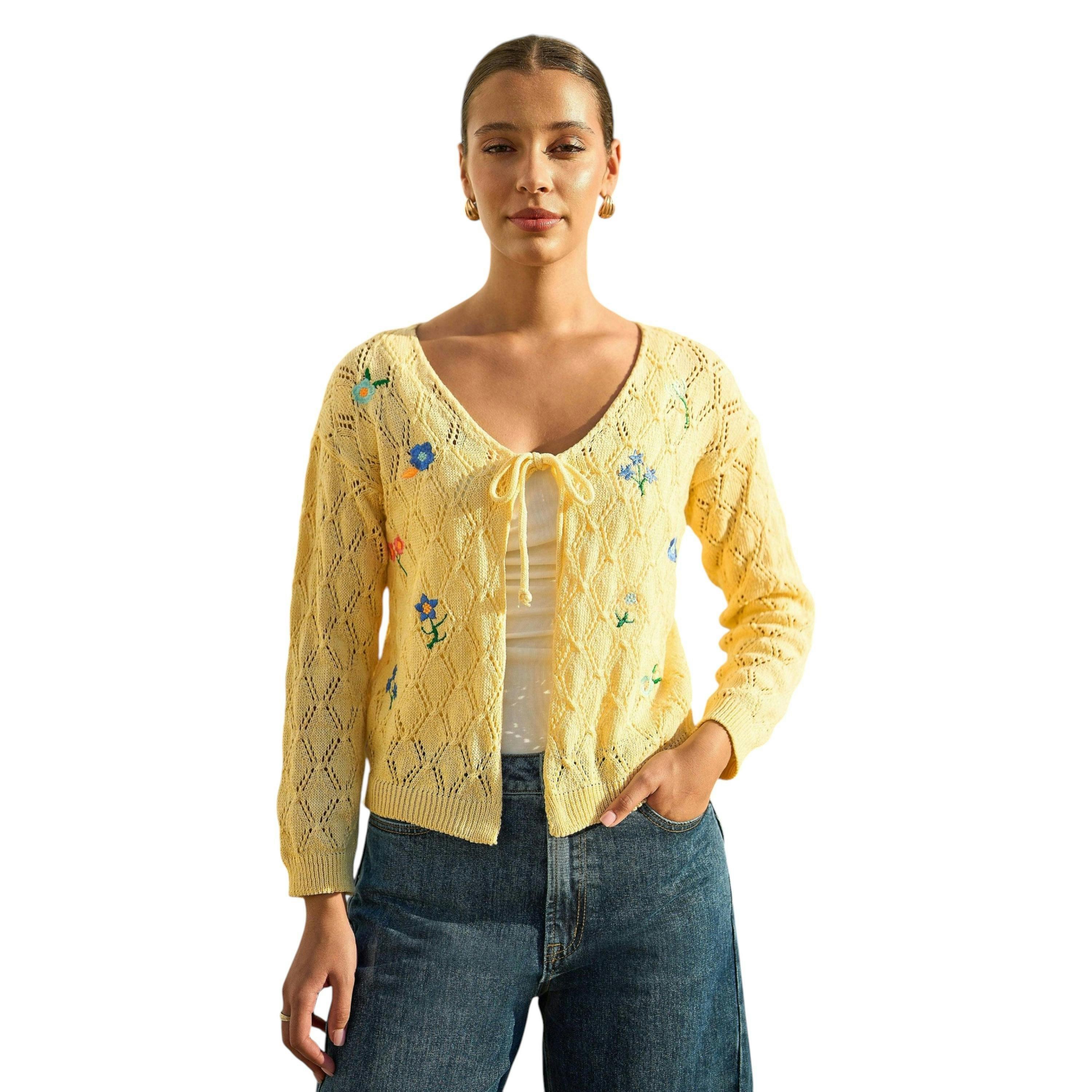 Yumi Butter Yellow Embroidered Pointelle Cardigan , view 6 of 6