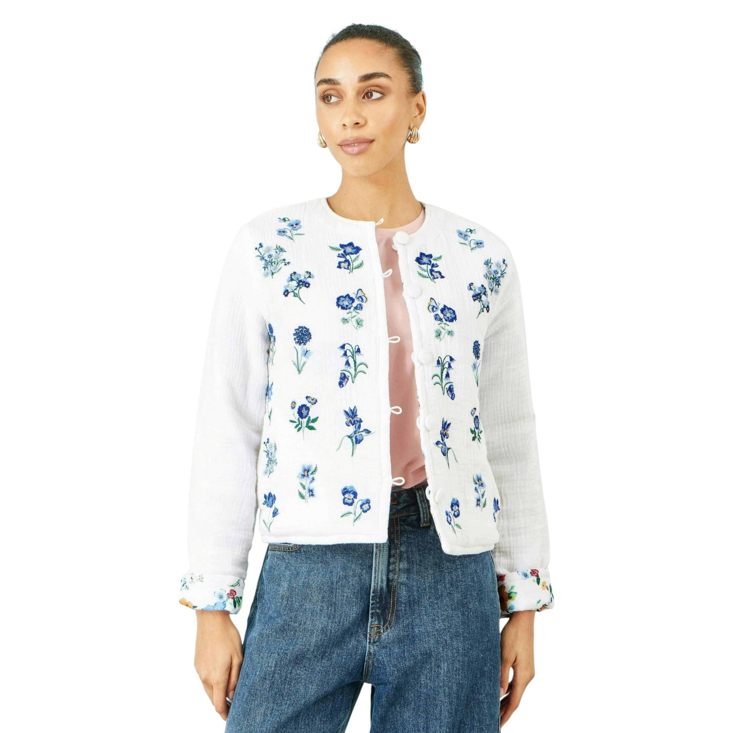 Yumi White Floral Embroidery Reversible Cotton Jacket , view 1 of 6